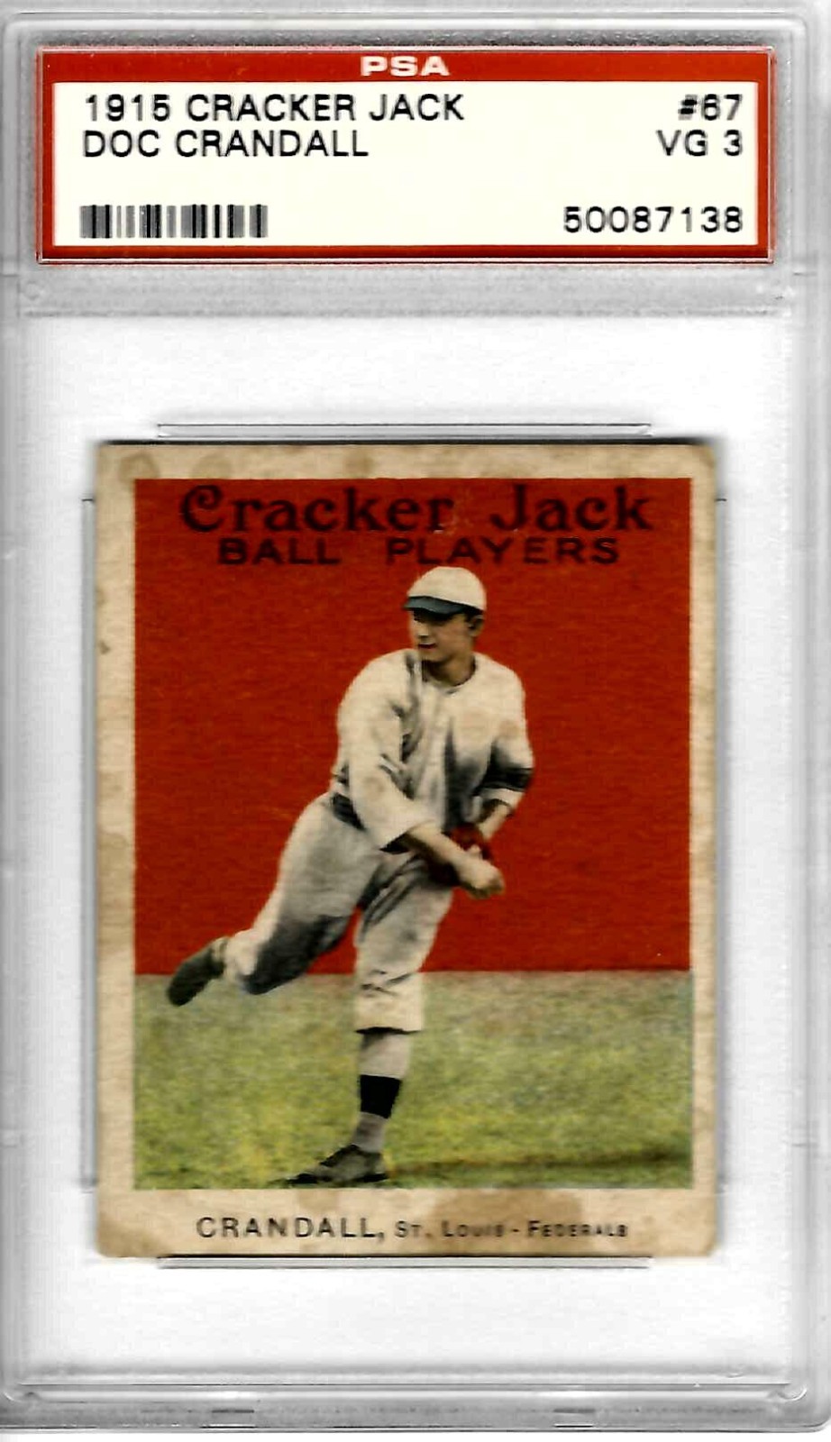 1915 Cracker Jack #67 Doc Crandall St. Louis Federals PSA 3 1915 Cracker Jack #67 Doc Crandall St. Louis Federals PSA 3