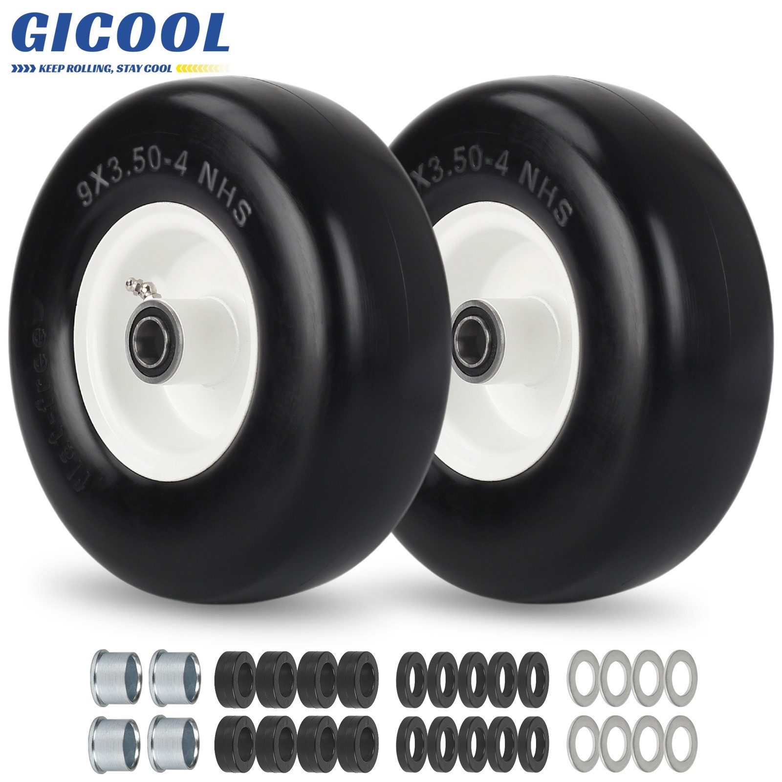 GICOOL 2-Pack 9x3.50-4 Flat Free Tire and Wheel for Zero Turn Lawn Mowers