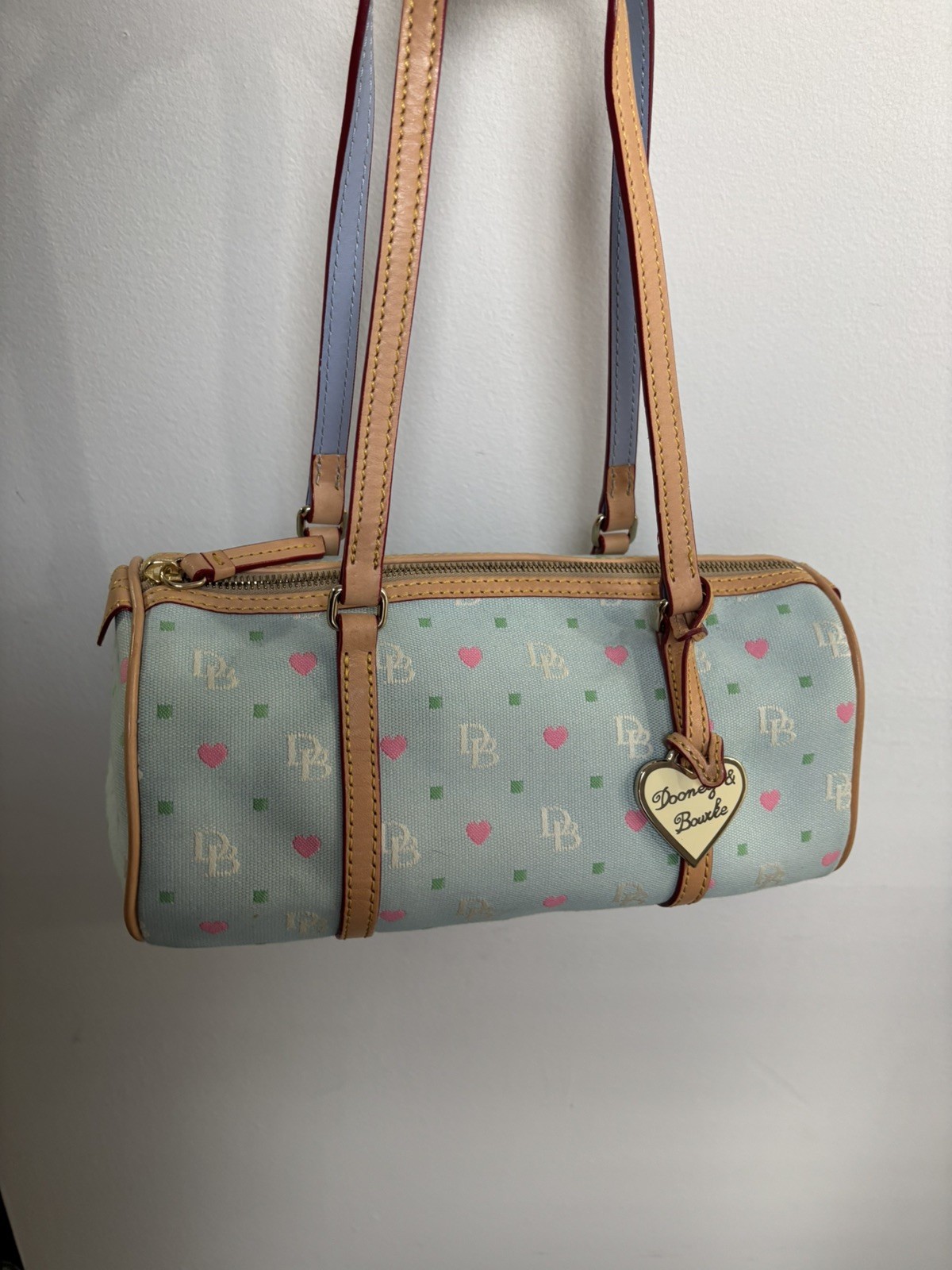 Y2K RARE Vintage Dooney & Bourke Heart Monogram Canvas Blue Barrel Bag 2000s Y2K RARE Vintage Dooney & Bourke Heart Monogram Canvas Blue Barrel Bag 2000s