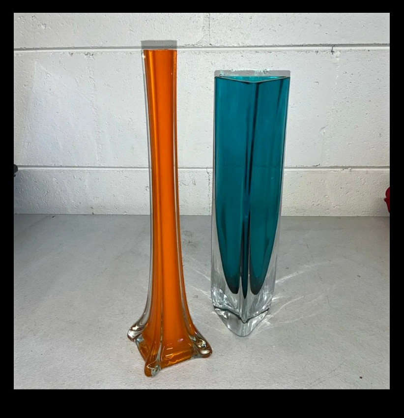 MURANO - Pair of Vintage Mid Century Vases - Orange Swung & Teal Sommerso MURANO - Pair of Vintage Mid Century Vases - Orange Swung & Teal Sommerso