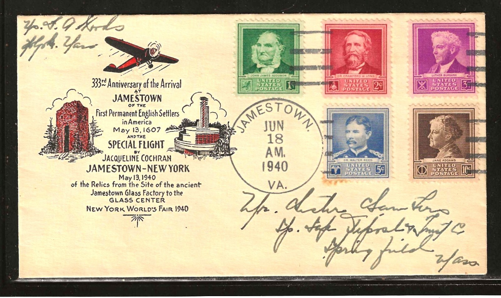 1940 SPECIAL FLIGHT - JAMESTOWN VA TO NY WORLDS FAIR - HAND CANCEL/PILOT SIGNED 1940 SPECIAL FLIGHT - JAMESTOWN VA TO NY WORLDS FAIR - HAND CANCEL/PILOT SIGNED