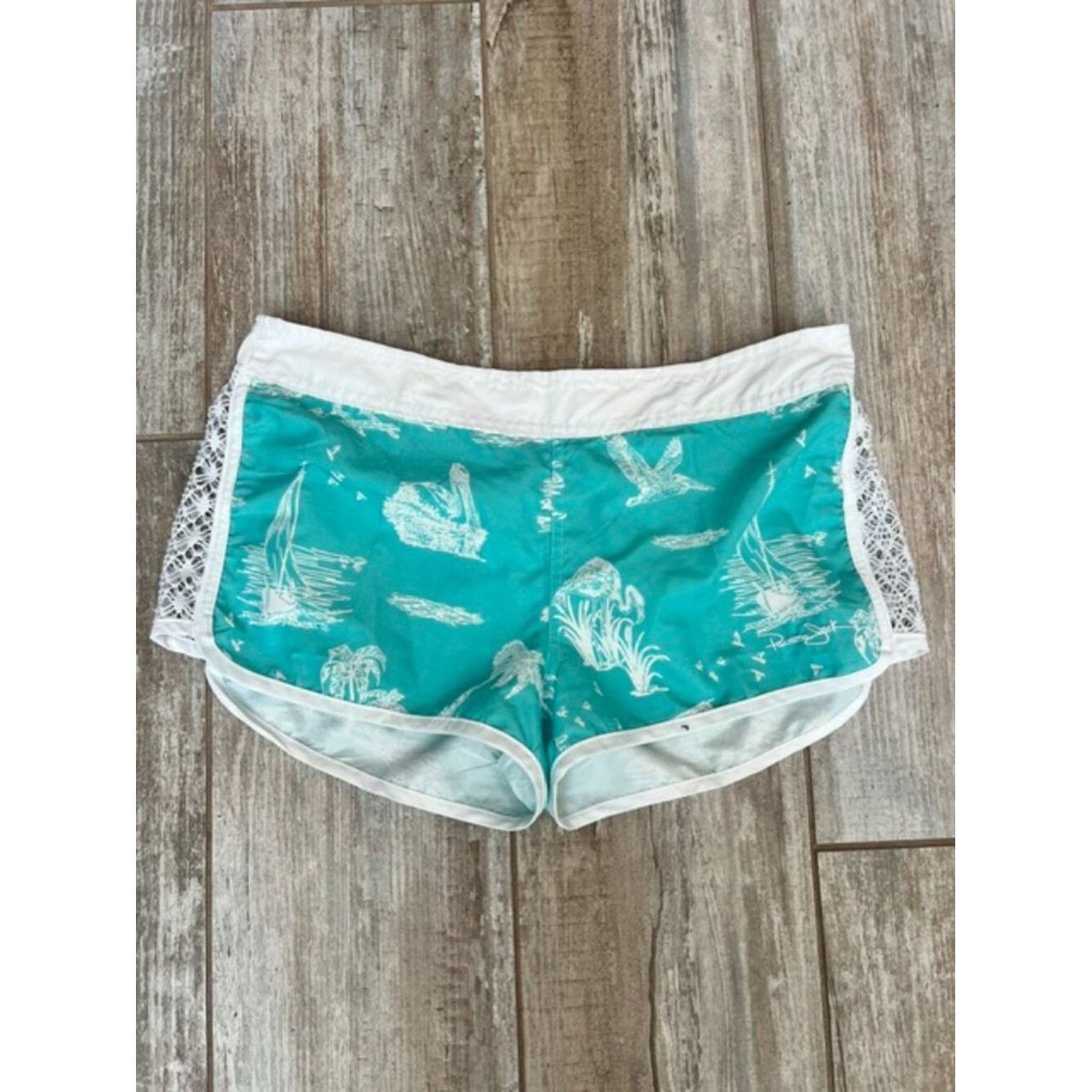 Panama Jack Swim Cover-Up Shorts Green White Tropical Lace Trim Large Panama Jack Swim Cover-Up Shorts Green White Tropical Lace Trim Large