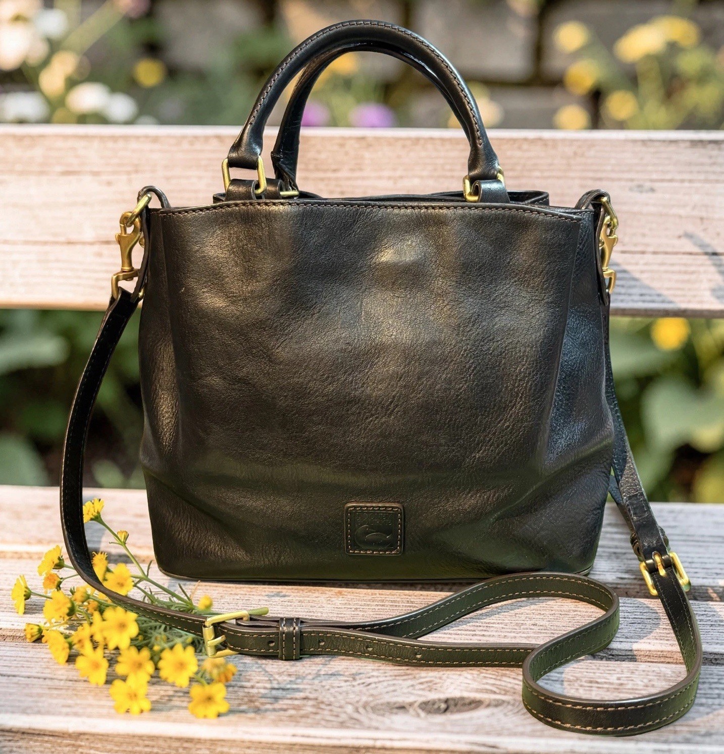Dooney Bourke All Black Florentine Leather Small Barlow Satchel Crossbody Bag