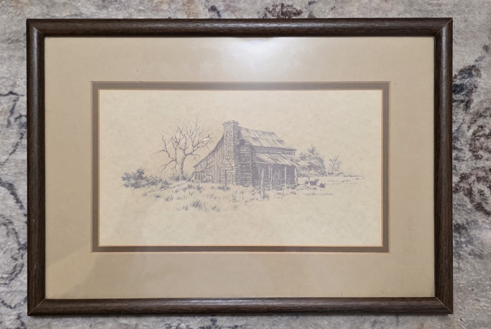 Vintage Gaylord Stevens Style Rustic Log Cabin Art Sketch Print Framed Matted Vintage Gaylord Stevens Style Rustic Log Cabin Art Sketch Print Framed Matted