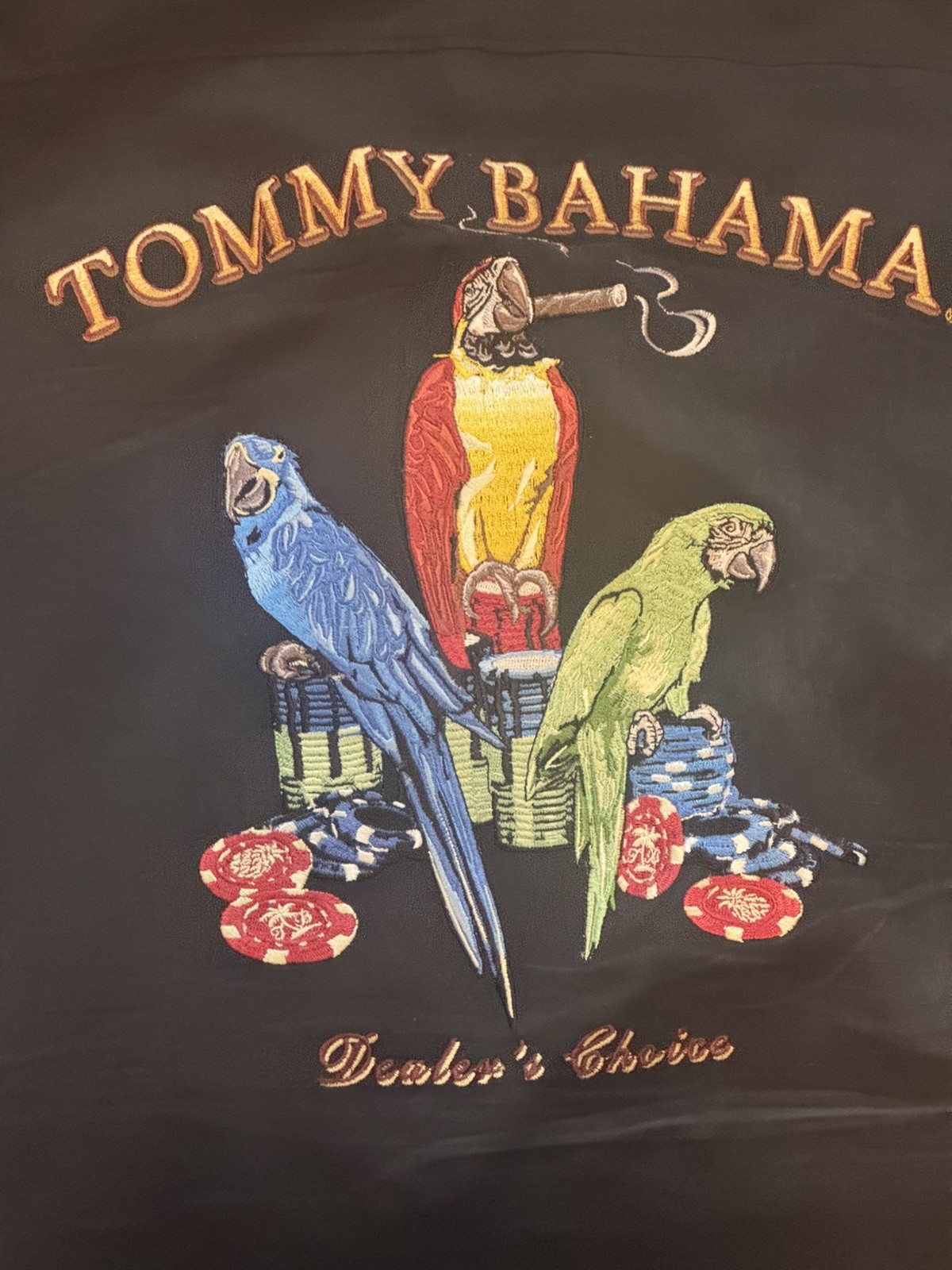 Vintage Tommy Bahama black shirt 100% Silk, L SS, embroidered “Dealers Choice” Vintage Tommy Bahama black shirt 100% Silk, L SS, embroidered “Dealers Choice”