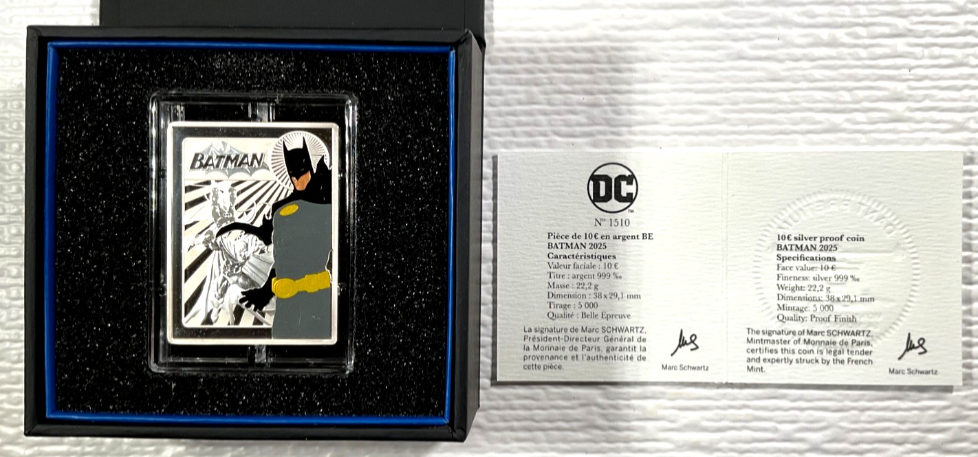 2025 Batman Silver €10 Colorized Proof Rectangular Justice League Coin 1510/5000