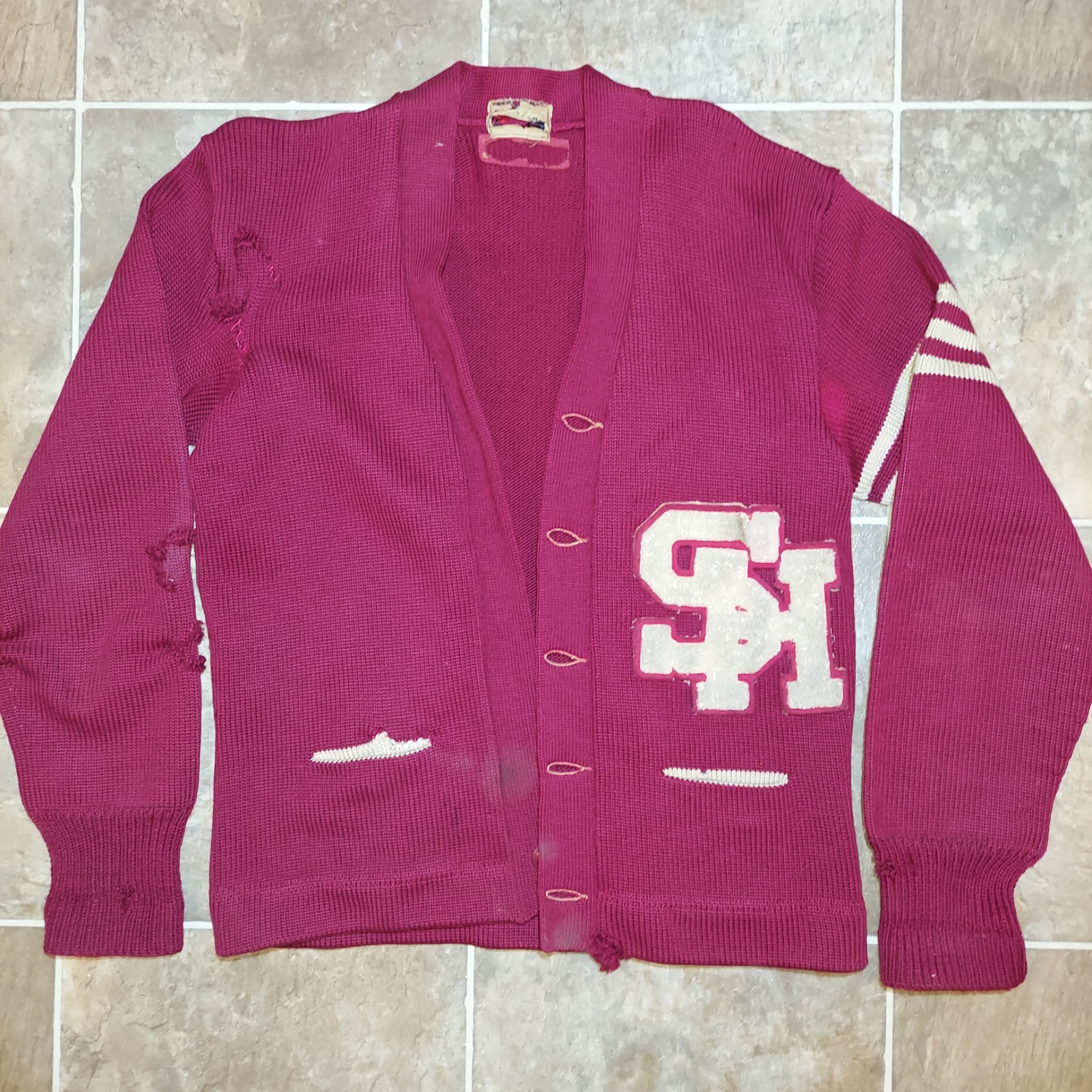 Vtg 1950s Dehen Wool Letterman Varsity Cardigan Sweater Burgundy Distressed L XL