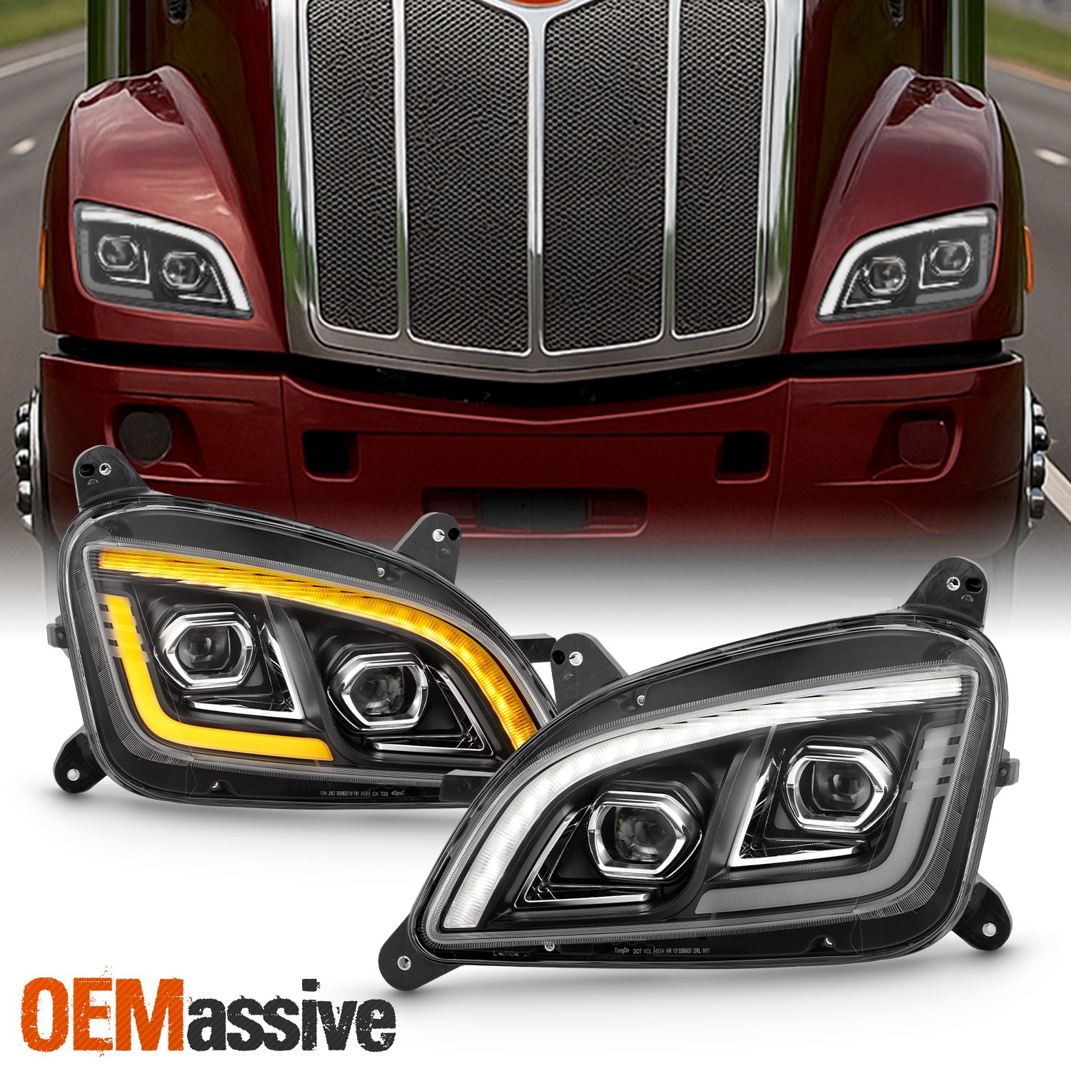 For 2011-2021 Peterbilt 579 587 Dual Projector Headlight w/DRL Sequential Black
