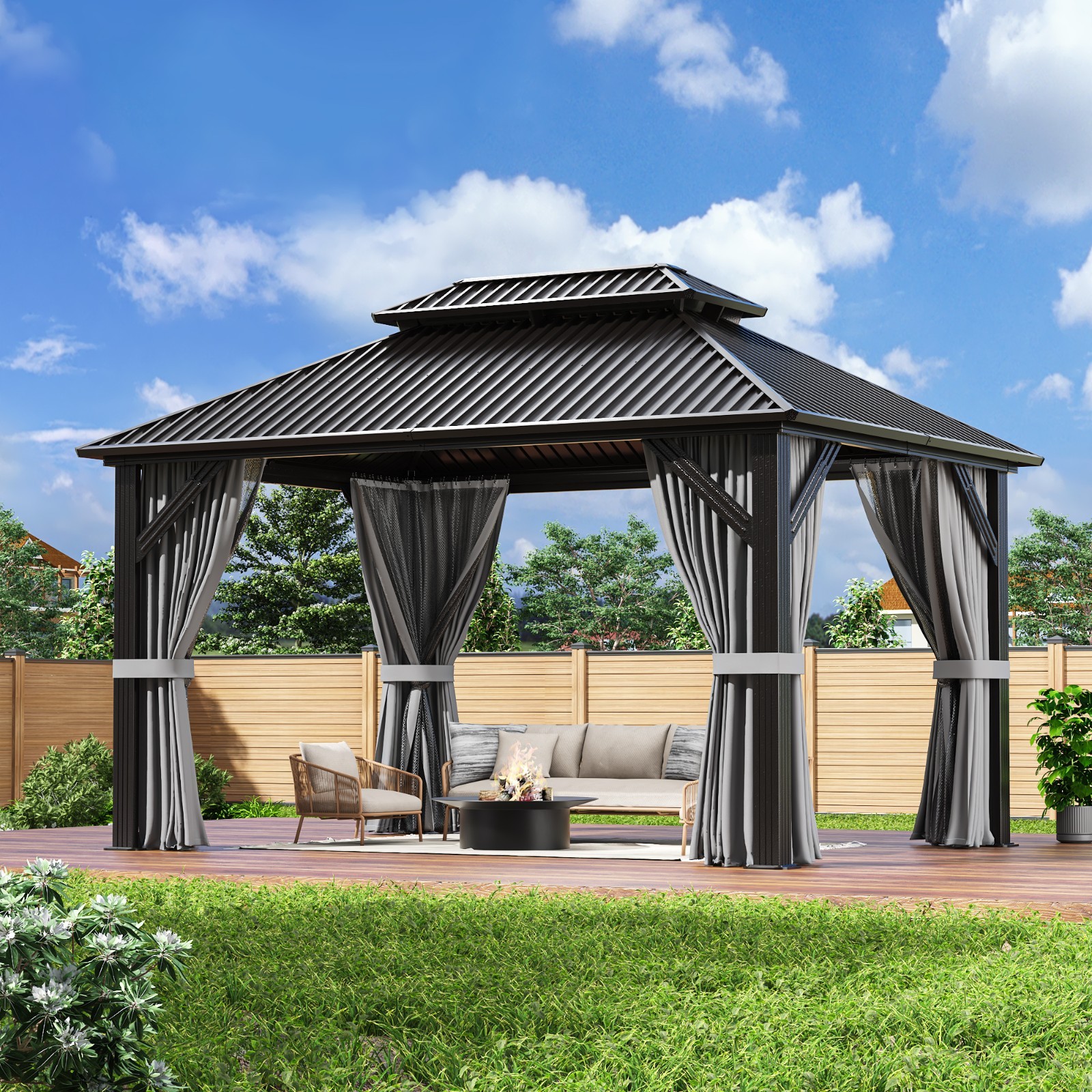 10  x 12 ft Hardtop Gazebo with Nettings and Curtains, Steel Double Roof Gazebo