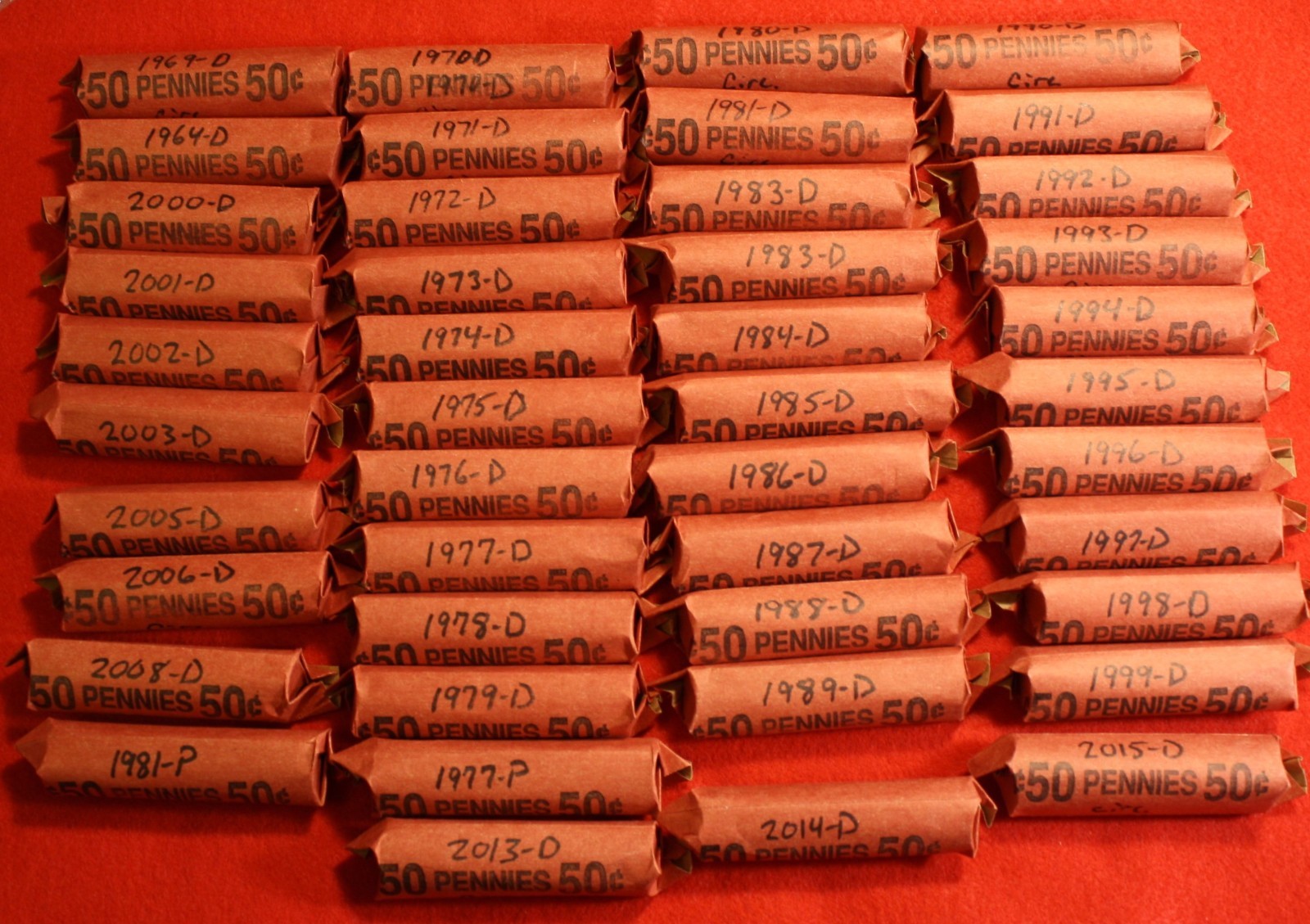 2015-D Lincoln Shield Cent Penny 50 Coin roll Circulated rolls coins