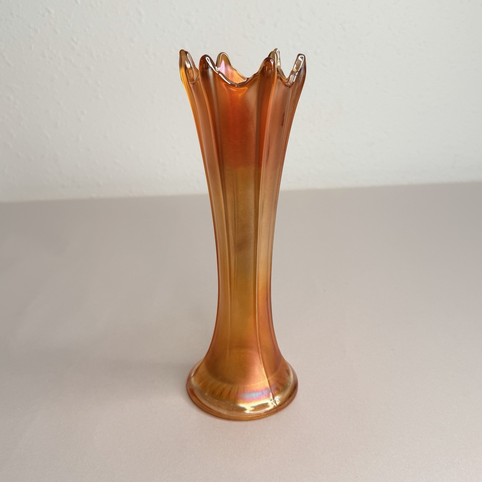 Antique Fenton Carnival Glass Iridescent Marigold Swung Fine Rib Vase 1911-19 Antique Fenton Carnival Glass Iridescent Marigold Swung Fine Rib Vase 1911-19