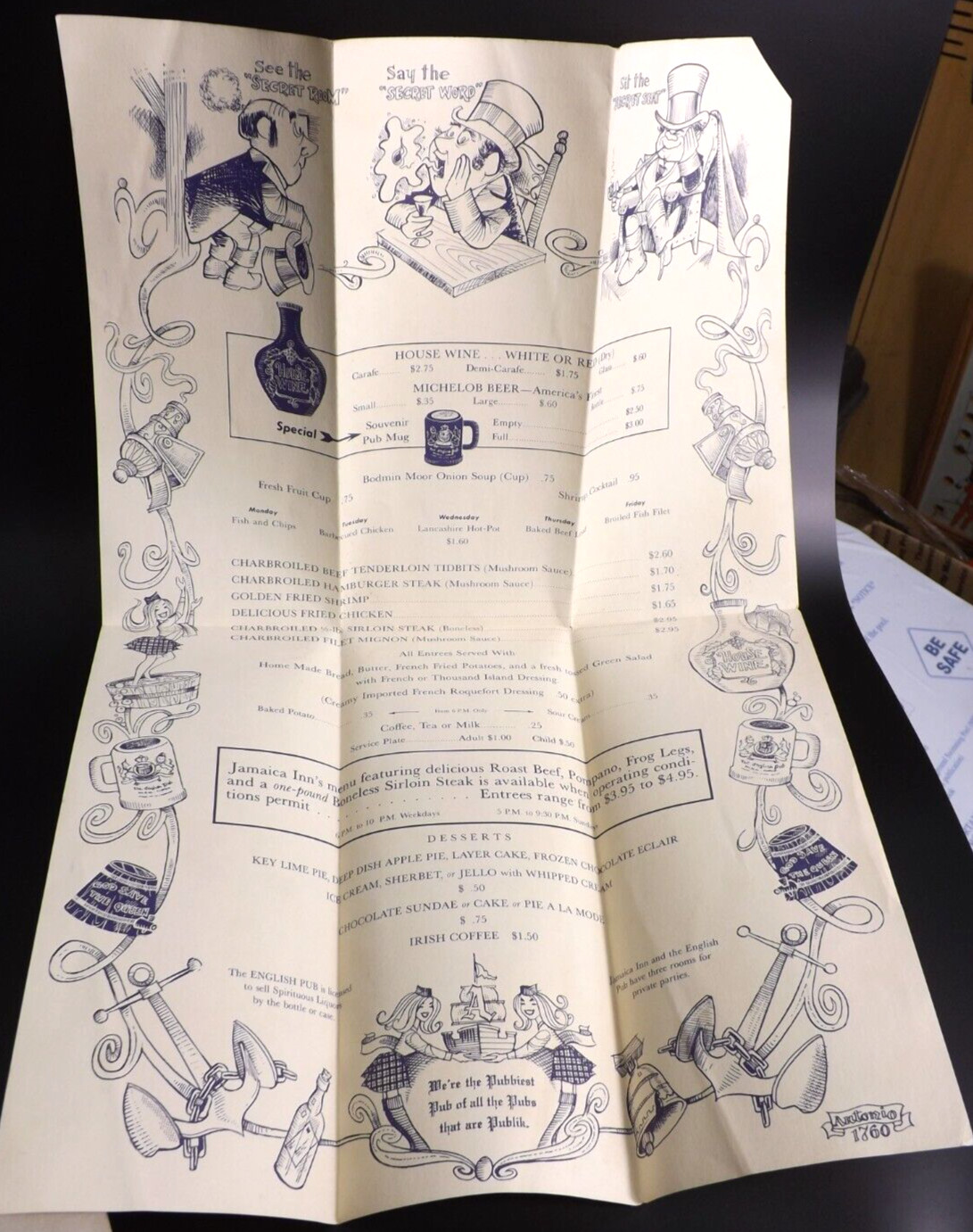 VINTAGE 1965 JAMAICA INN ENGLISH PUB MENU MIAMI FLORIDA ILLUSTRATED Brochure VINTAGE 1965 JAMAICA INN ENGLISH PUB MENU MIAMI FLORIDA ILLUSTRATED Brochure