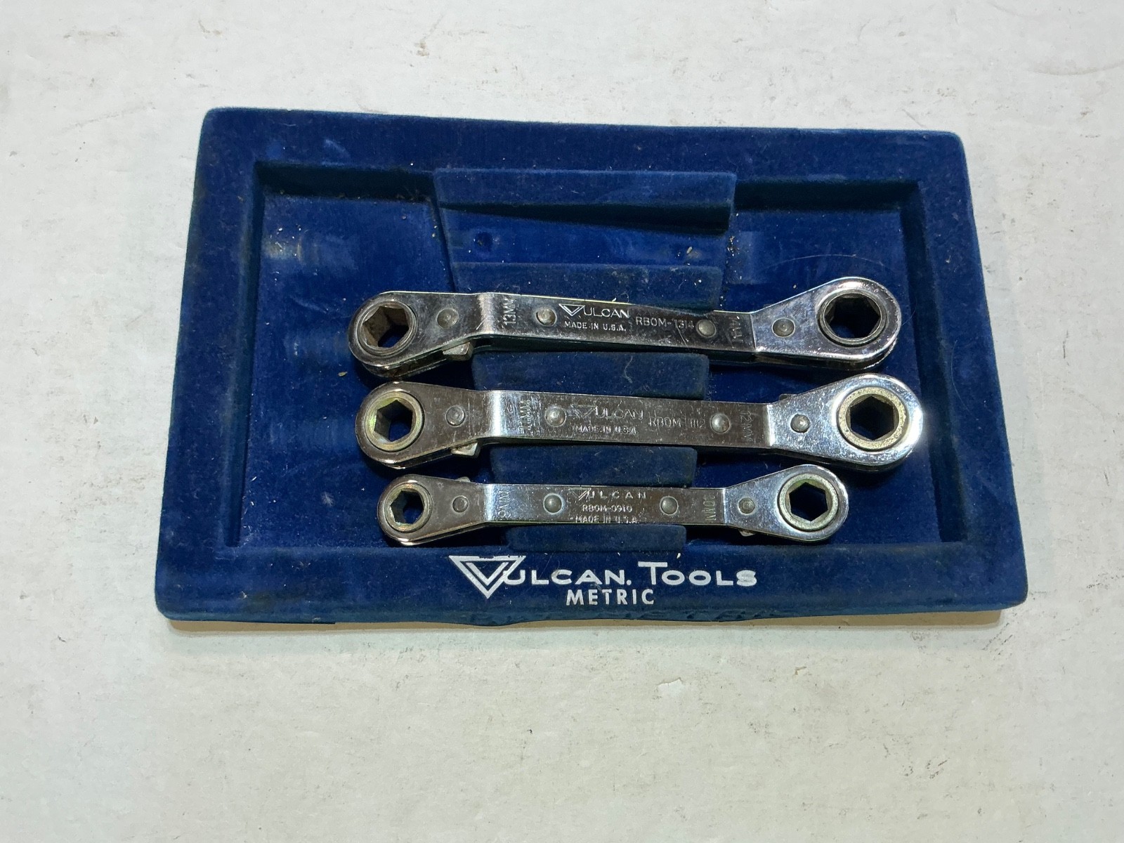 Vintage Vulcan 3 pc offset ratcheting box wrench set metric 9mm-14mm USA Vintage Vulcan 3 pc offset ratcheting box wrench set metric 9mm-14mm USA