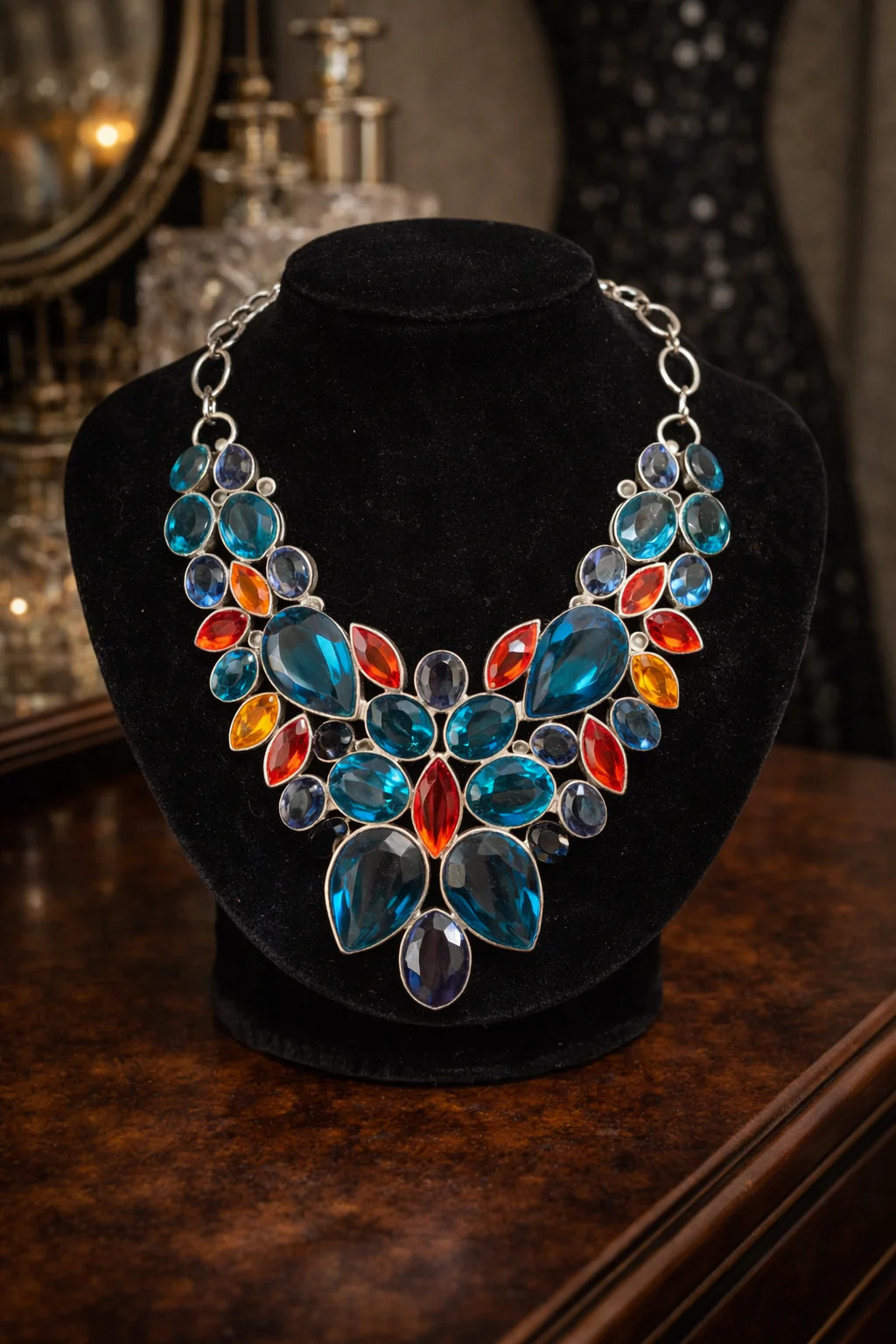 Large Silver Tone Statement Necklace with Multicolor Glass Crystals, Bold Bib Ne