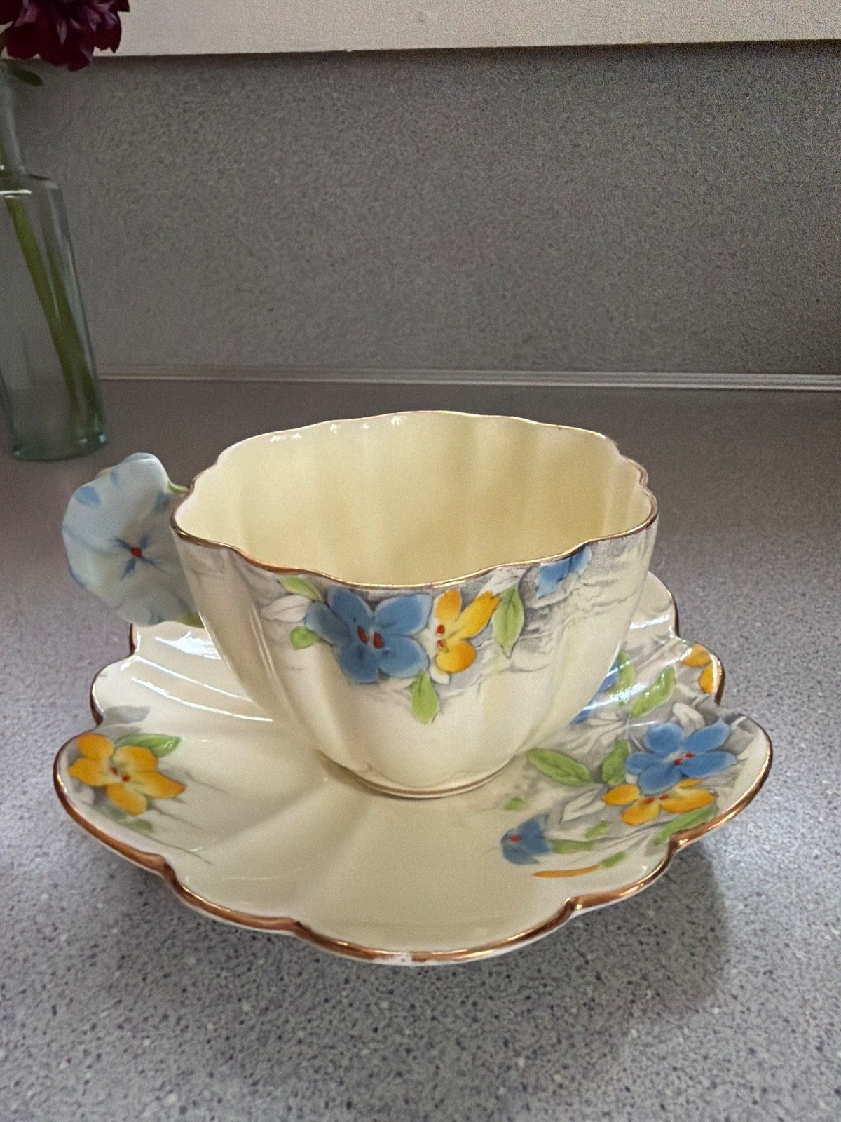 Royal Paragon Floral Teacup Saucer Flower Handle Hand Painted England Vintage