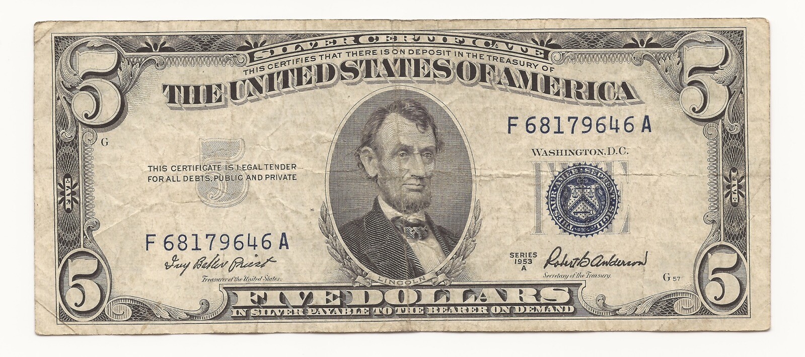 1953-A $5 Dollar Bill Silver Certificate Note VG Or Better 1953-A $5 Dollar Bill Silver Certificate Note VG Or Better