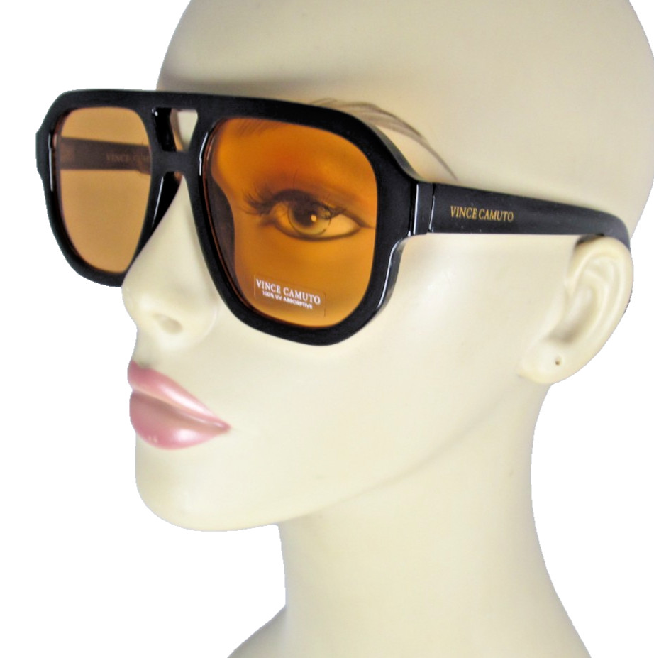 VINCE CAMUTO Glossy Black Aviator Sunglasses Amber Lenses VC1182-OXAMB MSRP $65