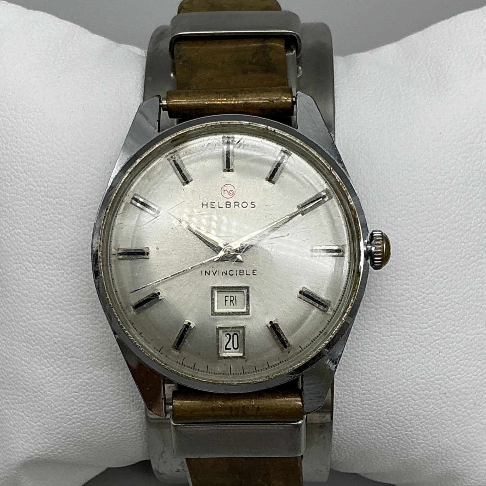 Vintage Helbros Invincible Mens Watch 35mm Silver Dial Day Date Cuff Manual Wind