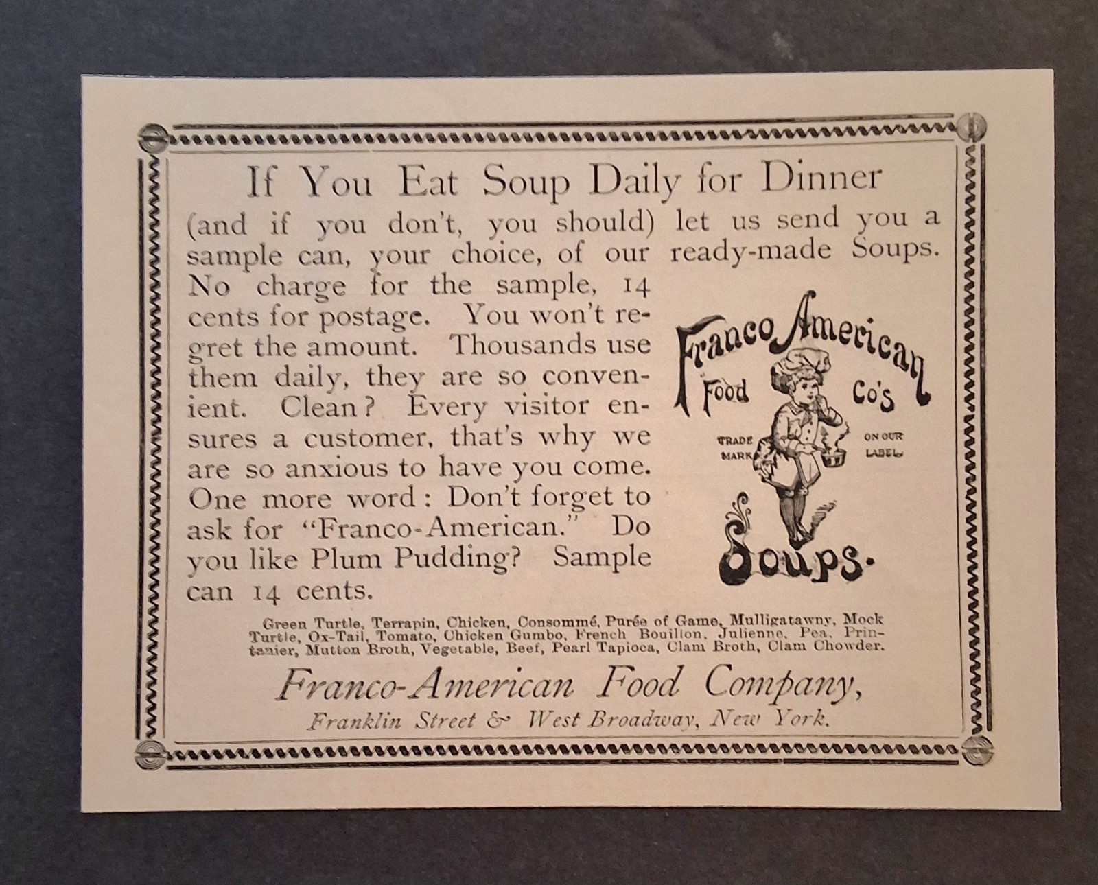 1893 Franco American Food Co. Soups - Rare Antique Food AD Kitchen Decor