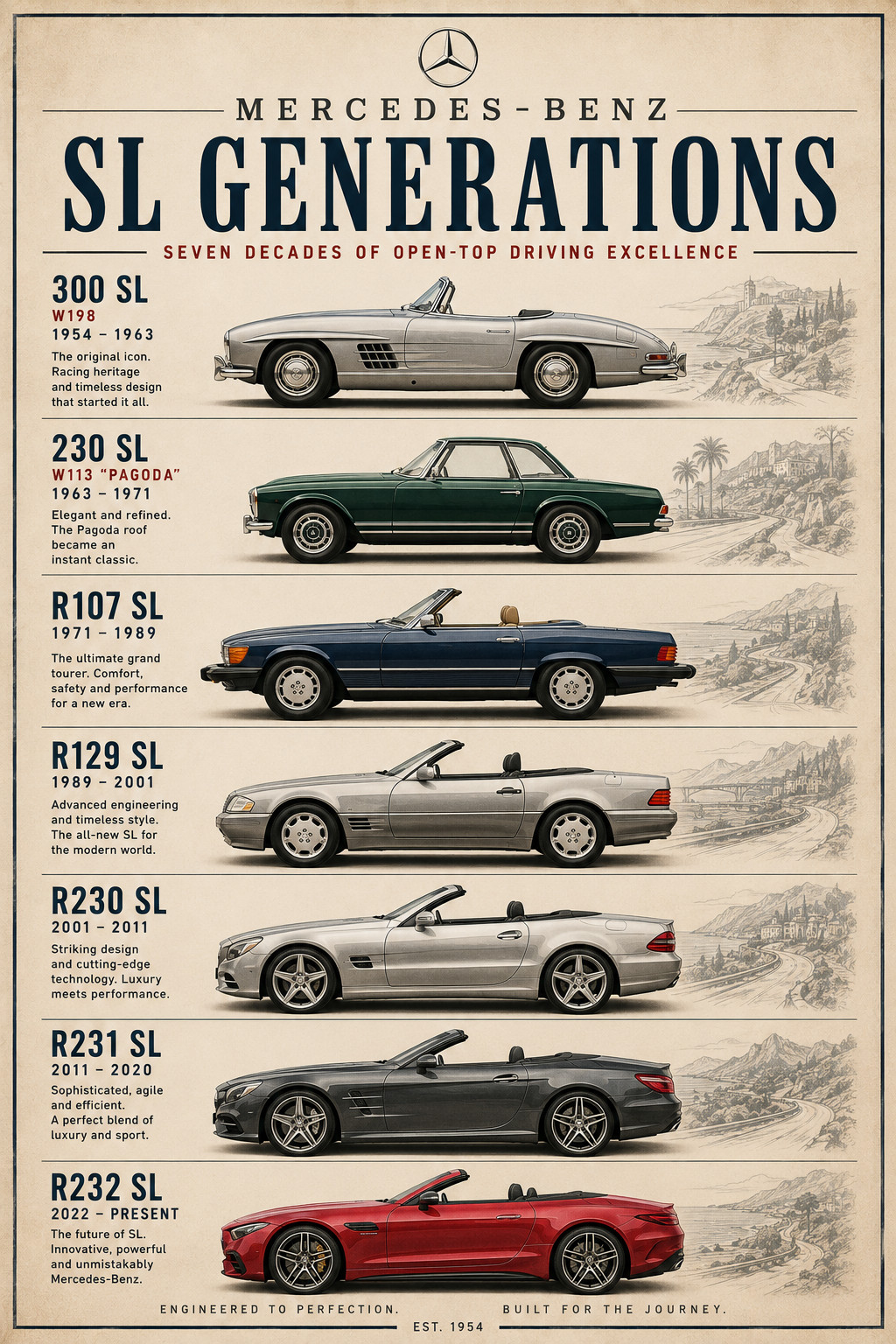 Mercedes Benz SL Generations Poster 13x19 – 300SL Pagoda R107 R129 Classic Cars