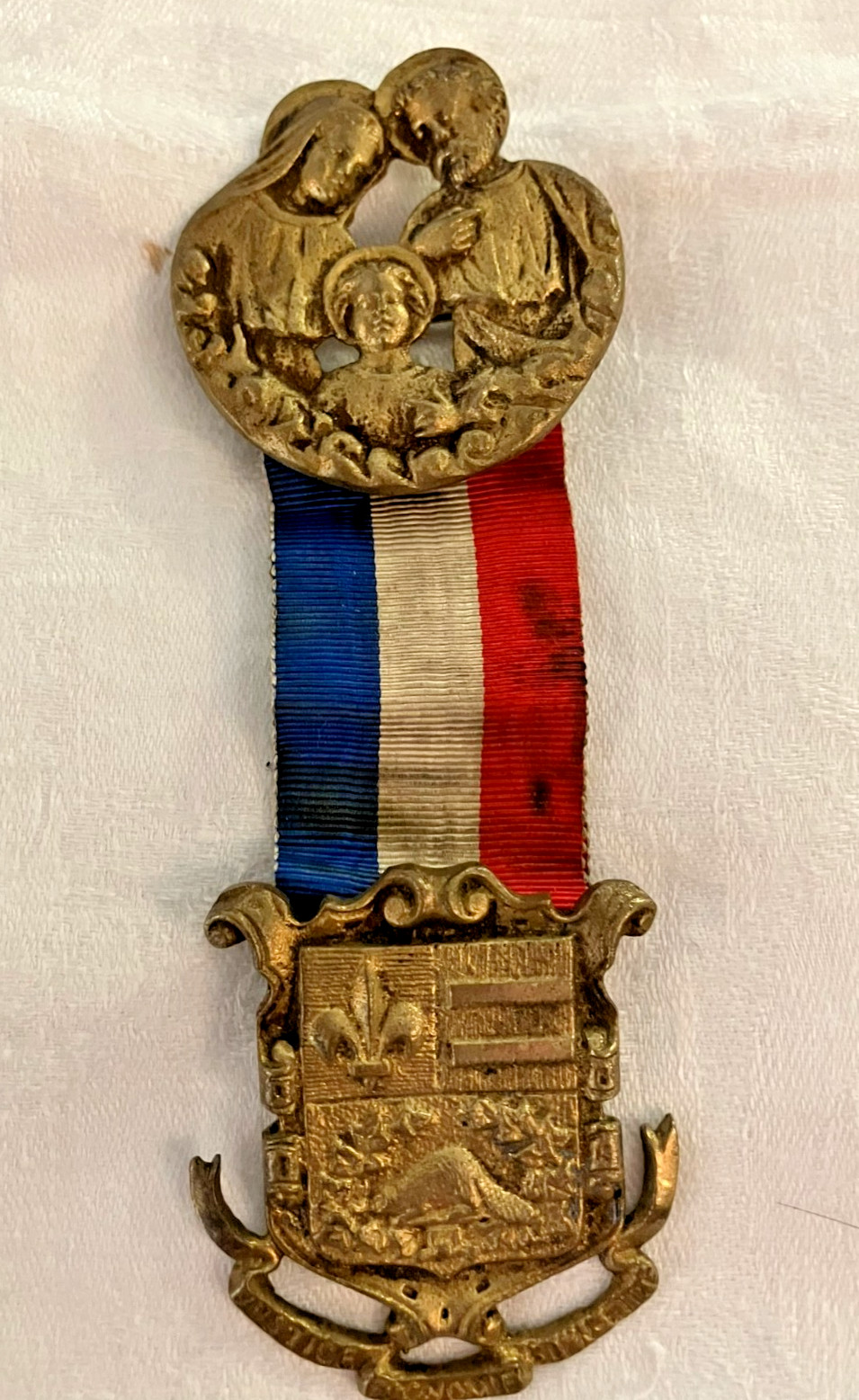 Antique French Catholic Holy Family Insignia Ribbon Badge Patrie Devouement Antique French Catholic Holy Family Insignia Ribbon Badge Patrie Devouement
