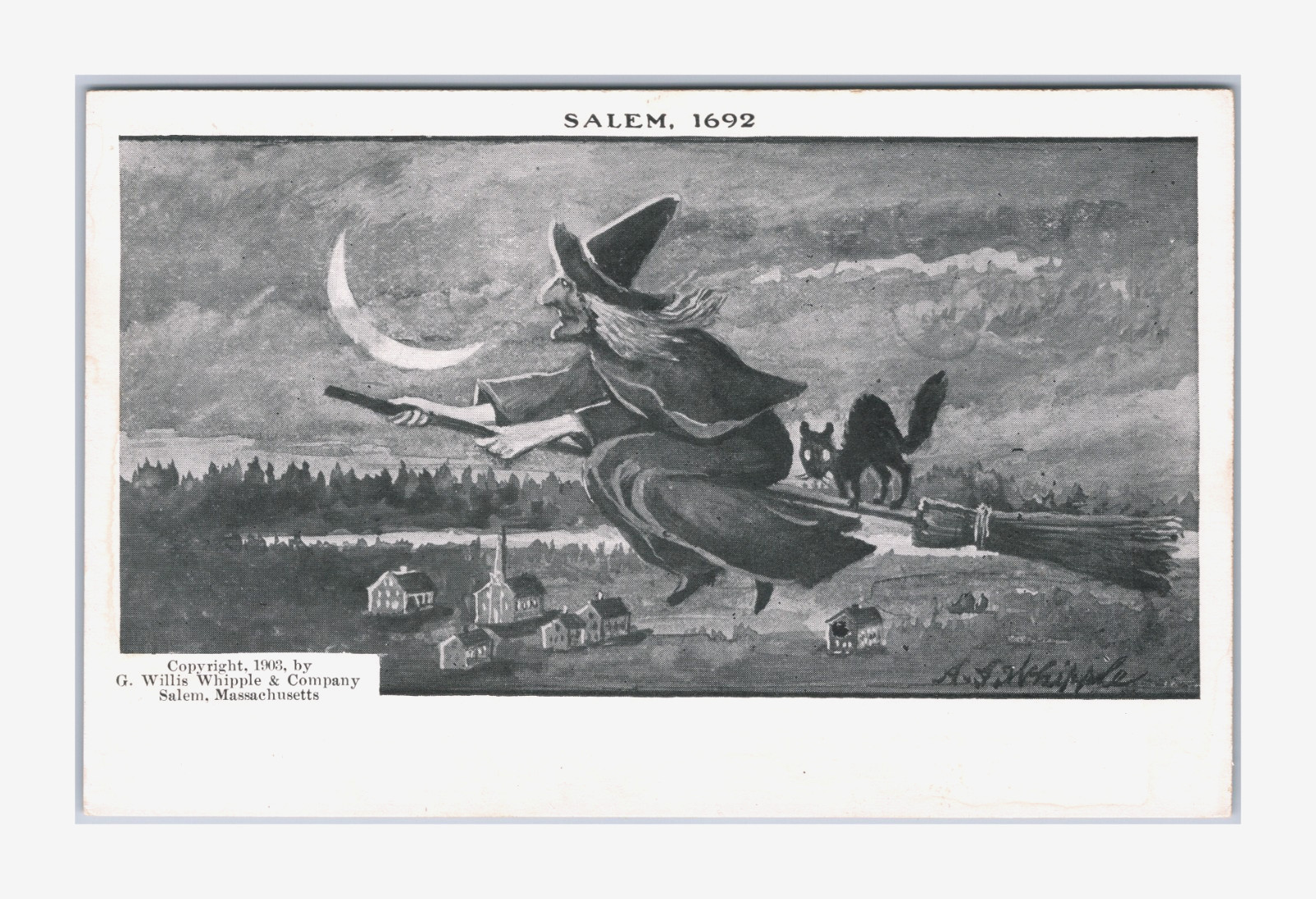 1903 Antique UU UDVB Postcard Whipple 1692 Salem Witch Broom Cat Halloween RARE