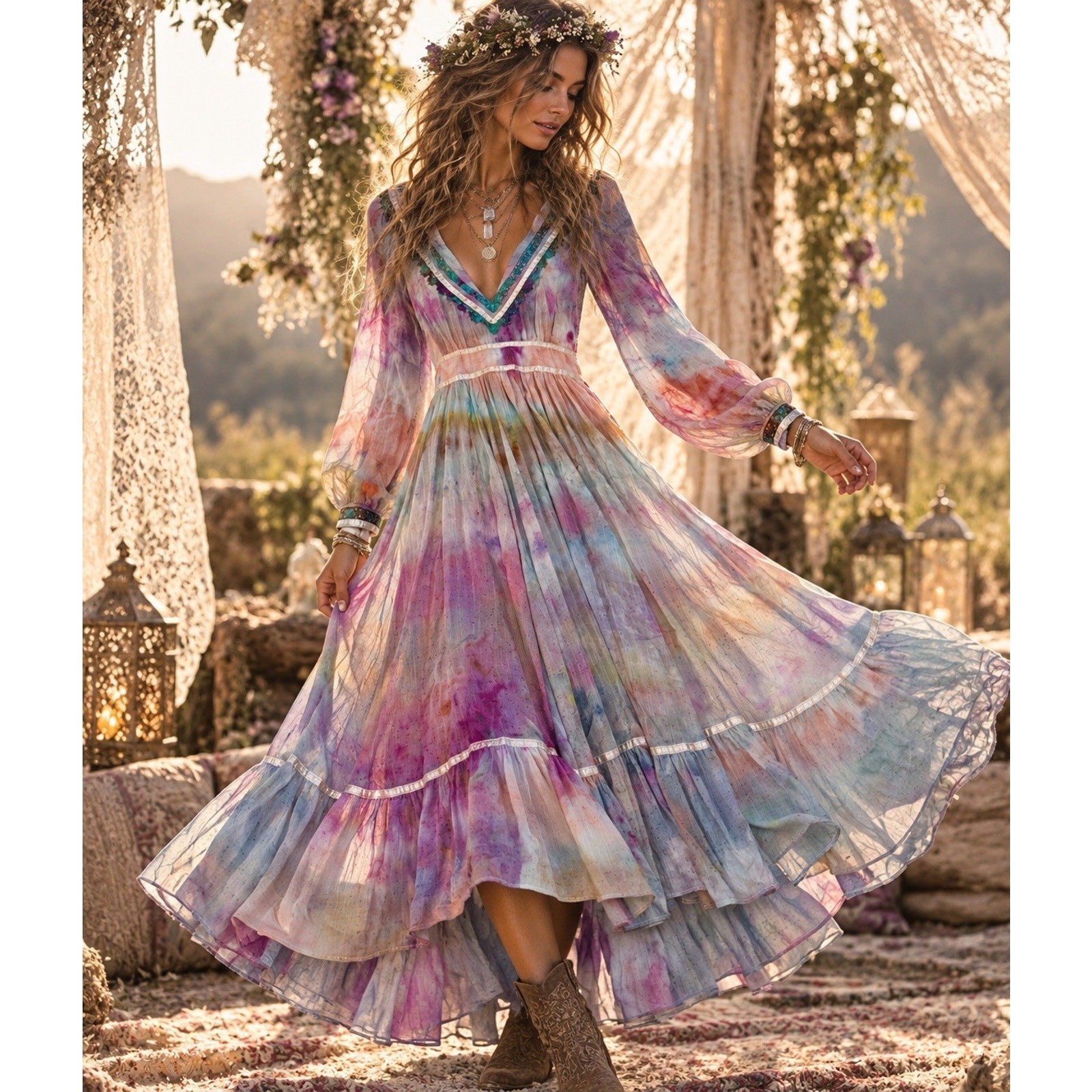 Vintage Gunne Sax Hand Tie Dyed Boho Dress Fairycore Cottagecore Whimsical Sz S