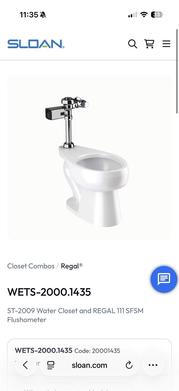 Sloan wets20001435 Standard, ST-2009 Water Closet and REGAL 111SFSM Flushometer Sloan wets20001435 Standard, ST-2009 Water Closet and REGAL 111SFSM Flushometer