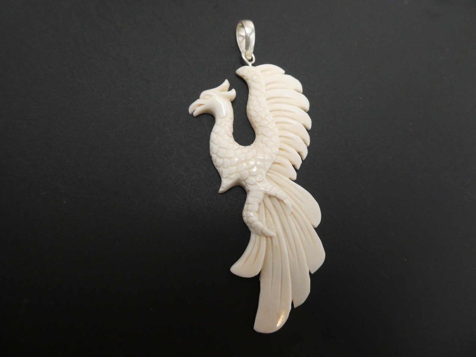 Phoenix Bird Sterling Silver 925 Carved Bubalus Bubalis Bone Pendant Necklace Phoenix Bird Sterling Silver 925 Carved Bubalus Bubalis Bone Pendant Necklace