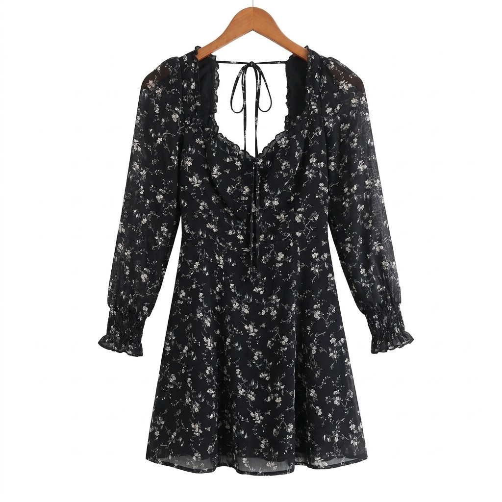 Reformation Amala Black Floral Mini Dress Long Sleeve Sweetheart Neck Size 0