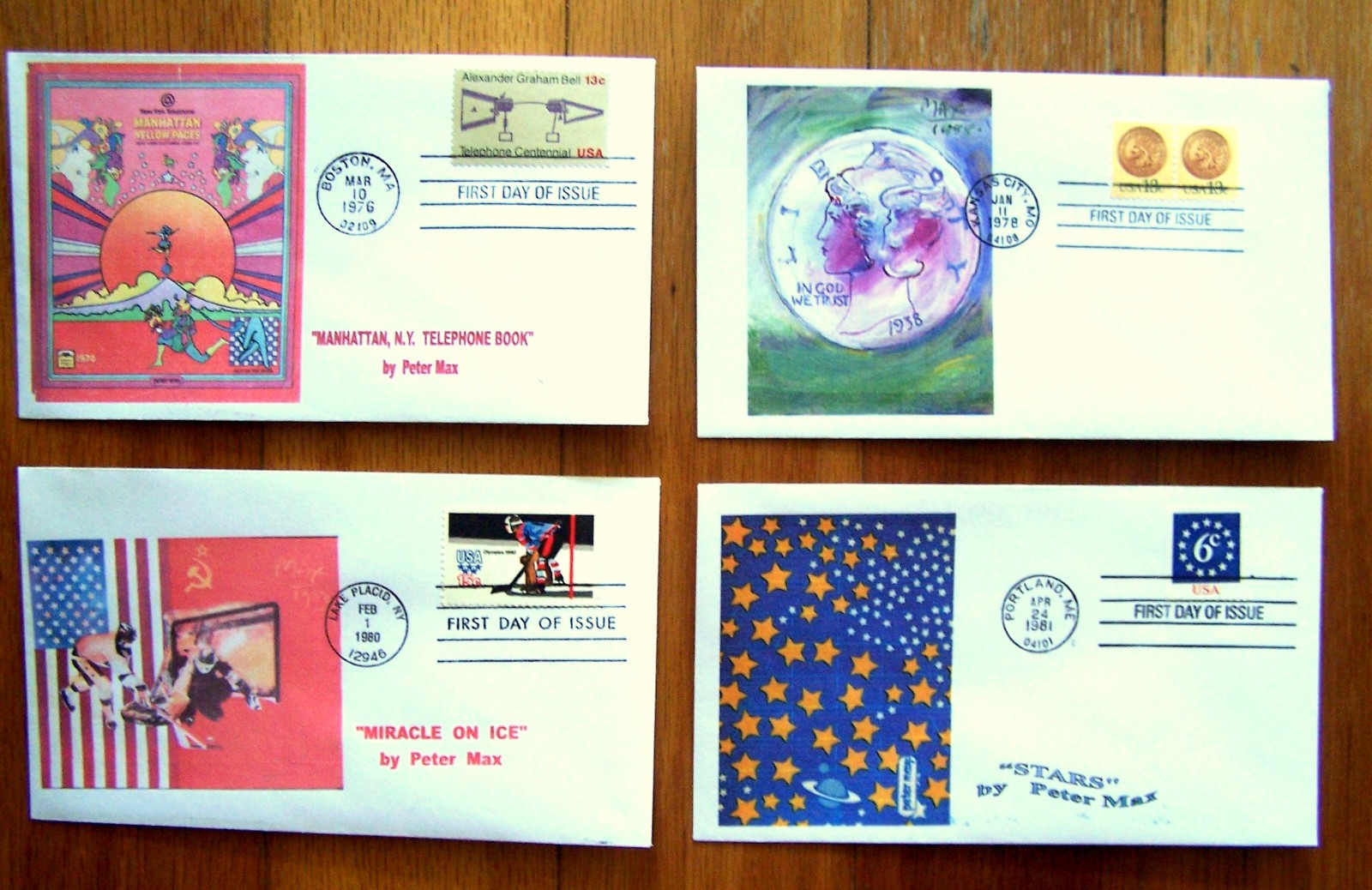 PETER MAX cachet FDC - 4 covers 1976 1978 1980 1981 - MINT - unaddressed PETER MAX cachet FDC - 4 covers 1976 1978 1980 1981 - MINT - unaddressed