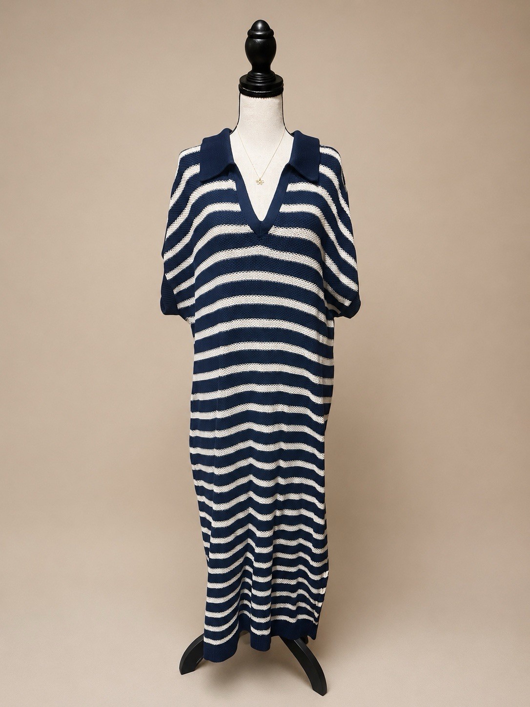 Sonoma Women’s XL Navy White Striped Knit Maxi Dress Collared Short Sleeve Coast