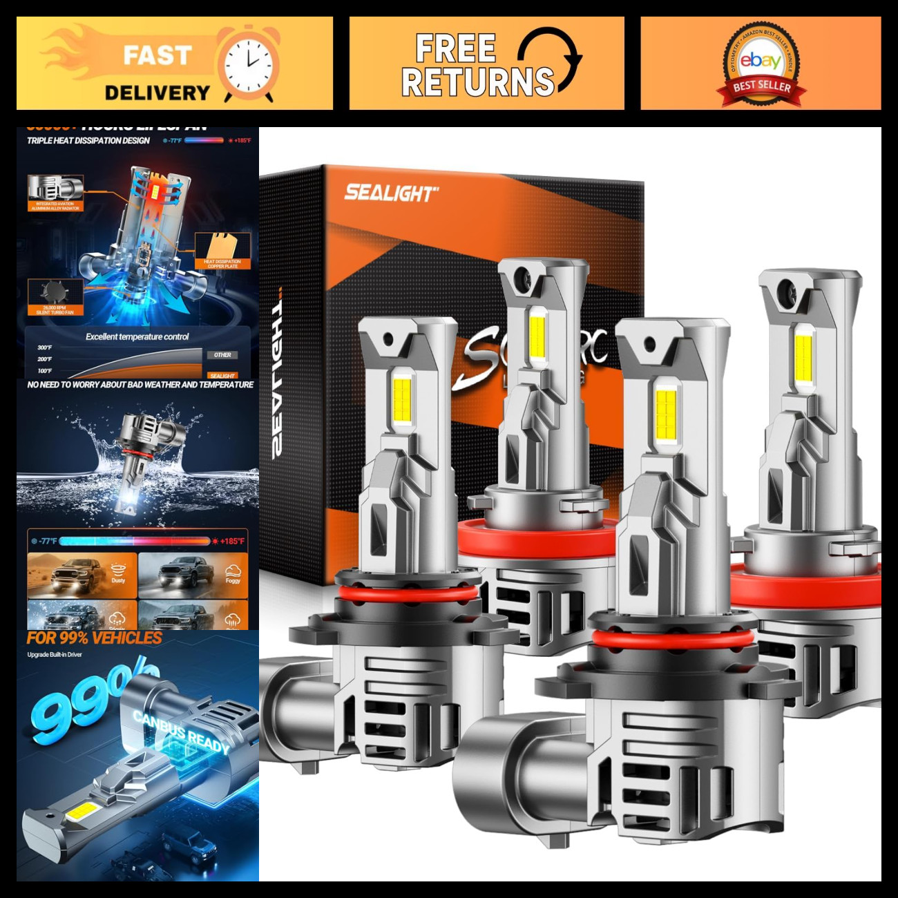9005 H11 LED Bulbs Combo, 100000LM Super Bright 6500K White, HB3 H8 Fog Lights, 9005 H11 LED Bulbs Combo, 100000LM Super Bright 6500K White, HB3 H8 Fog Lights,