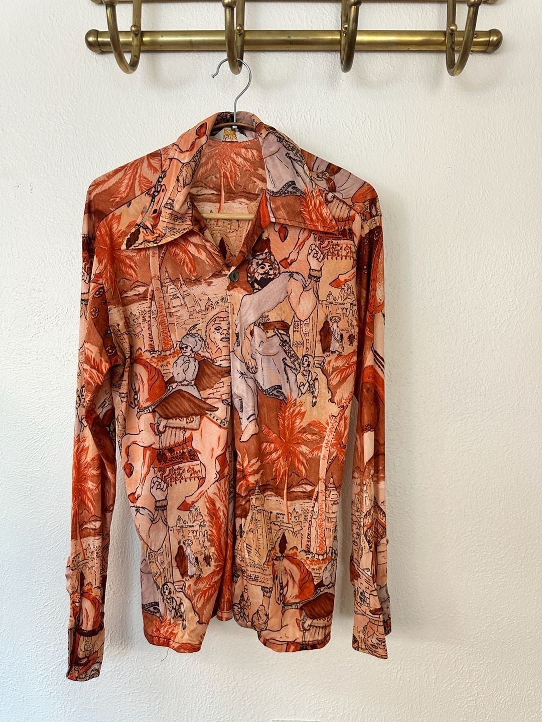 Mar Vista Sportswear Vintage 70s Orange Scene Print Disco Shirt Mar Vista Sportswear Vintage 70s Orange Scene Print Disco Shirt