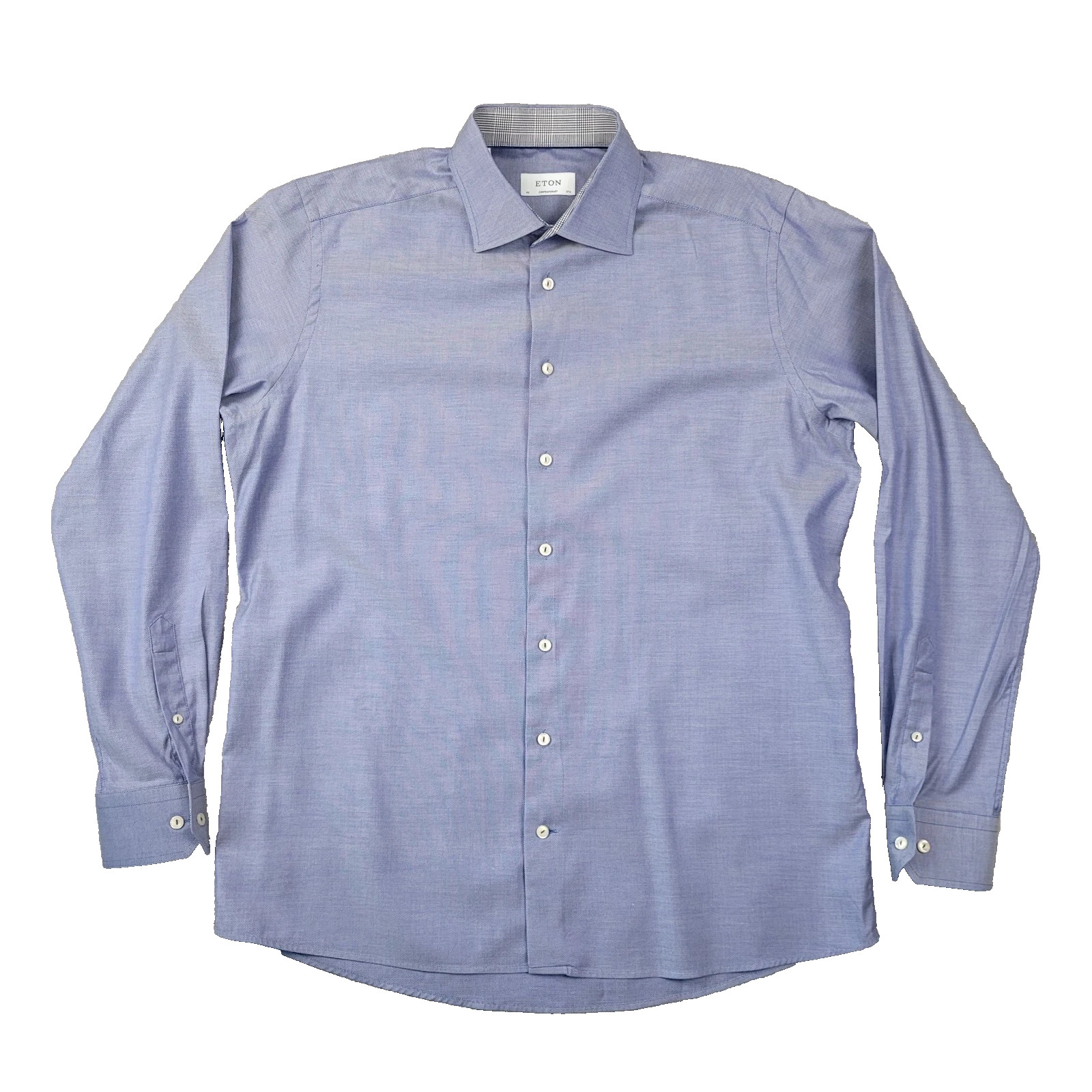 Eton Mens XL Dress Shirt Blue Micro Check Contrast Cuff Cotton Lyocell Stretch
