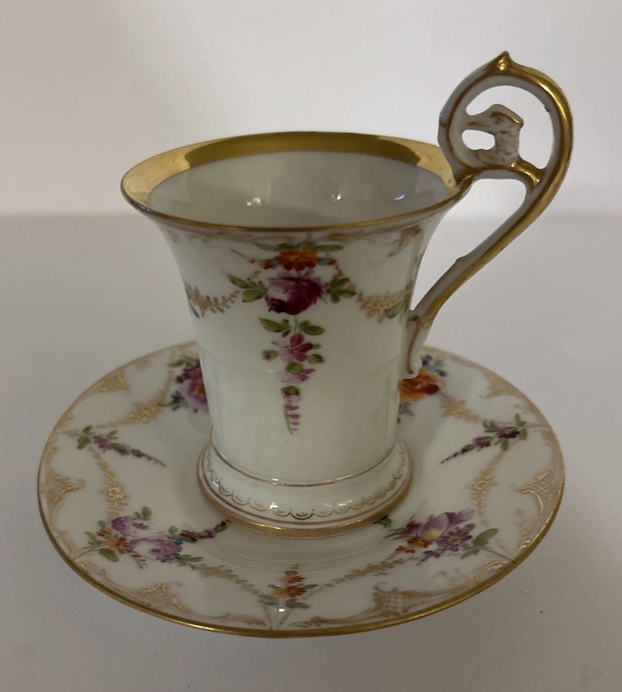 Antique Richard Klemm DRESDEN Chocolate Cup & Saucer Floral Gold Trim Germany