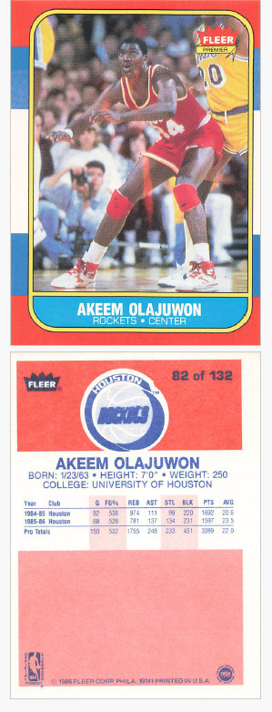 1986 Fleer Premier Akeem Olajuwon #82/132 Houston Rockets NBA Base Set 1986 Fleer Premier Akeem Olajuwon #82/132 Houston Rockets NBA Base Set