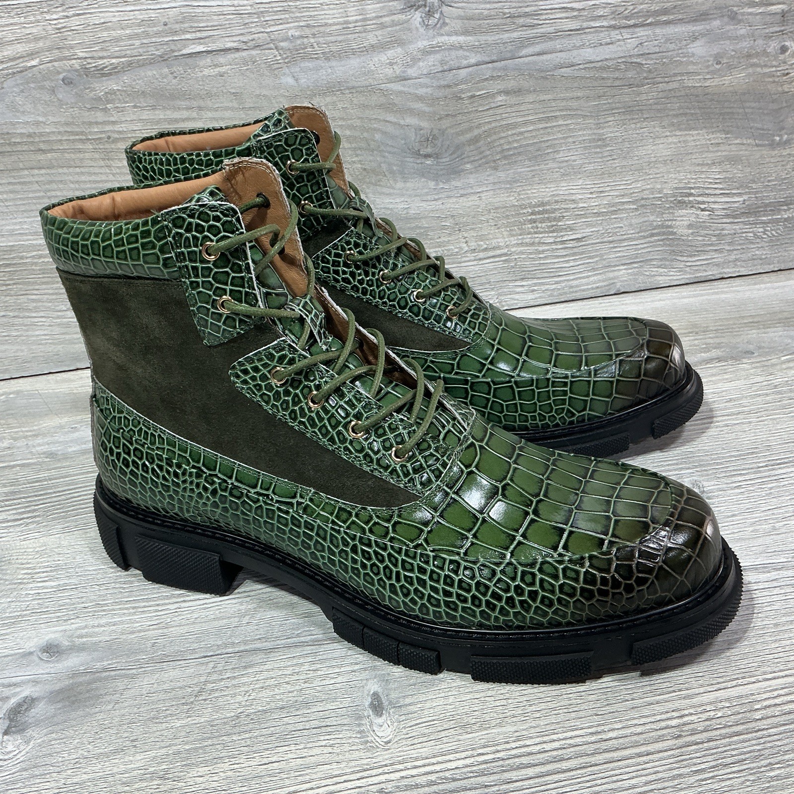 Marc Nolan Otis Green Crocodile Print Leather Lace-Up Combat Boots Men\'s Size 15