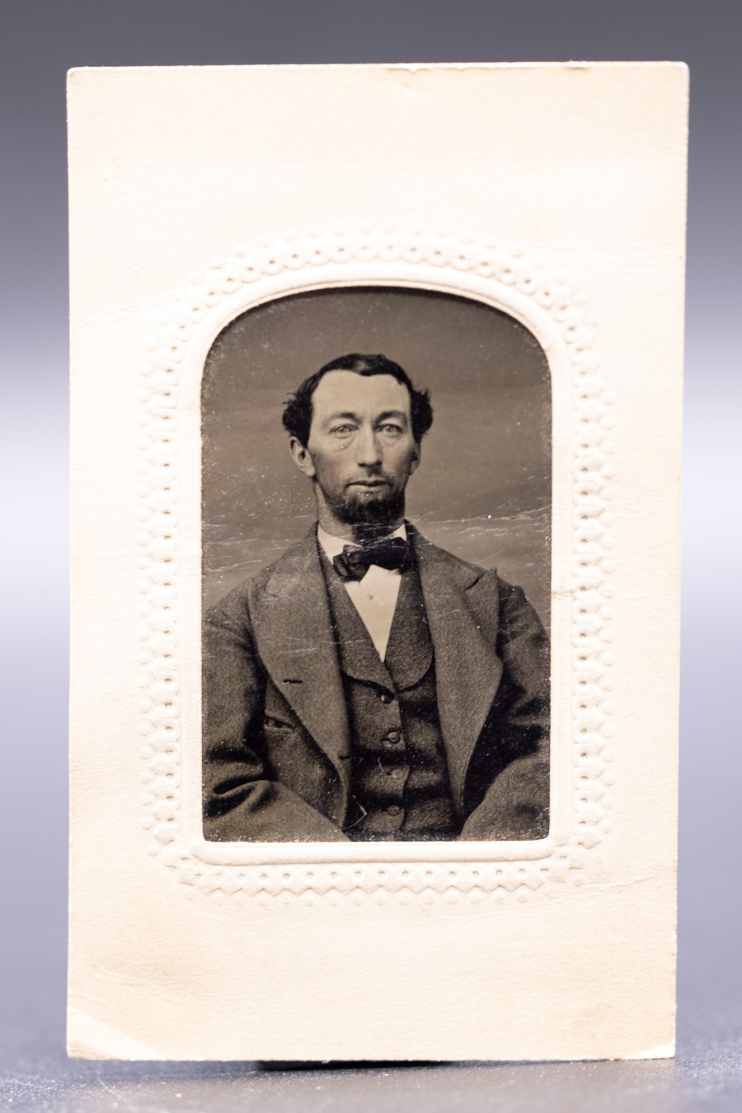 Antique Gem Tintype CDV Photo Handsome Bearded Man Bow Tie Civil War Era c1865