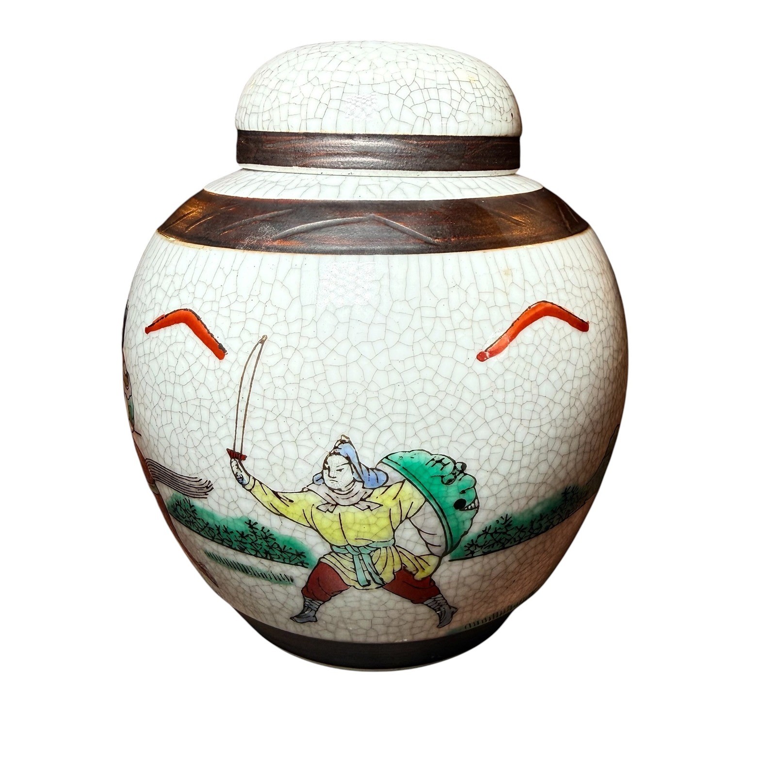 Vintage Chinese Crackle Glaze Ginger Jar Warriors Battle Scene Hand Painted Lid Vintage Chinese Crackle Glaze Ginger Jar Warriors Battle Scene Hand Painted Lid