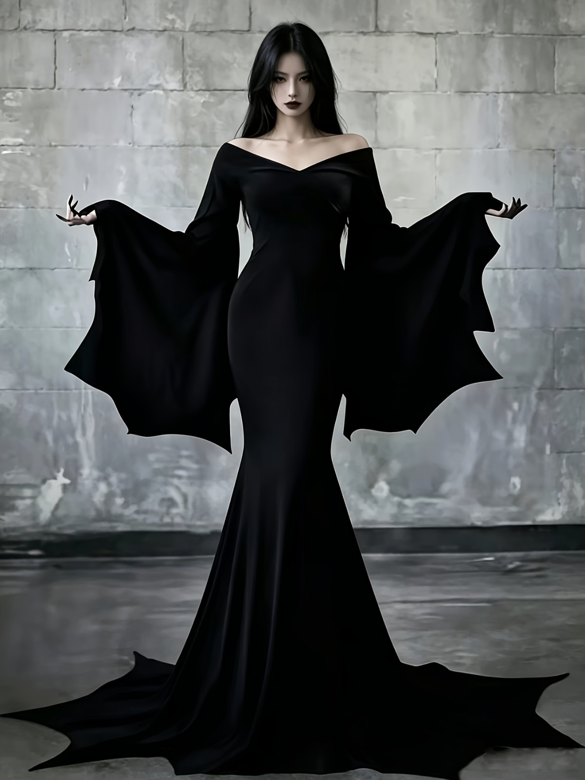 Womens Morticia Addams Costume Black Gothic Vampire Witch Dress Batwing Cosplay Womens Morticia Addams Costume Black Gothic Vampire Witch Dress Batwing Cosplay