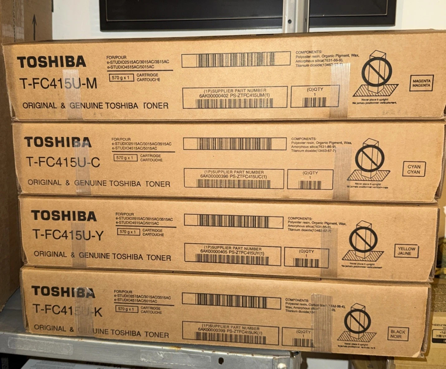 Toshiba T-FC415U set X4 M,C,Y,B Cartridges for eStudio 2515AC to 5015AC Genuine Toshiba T-FC415U set X4 M,C,Y,B Cartridges for eStudio 2515AC to 5015AC Genuine