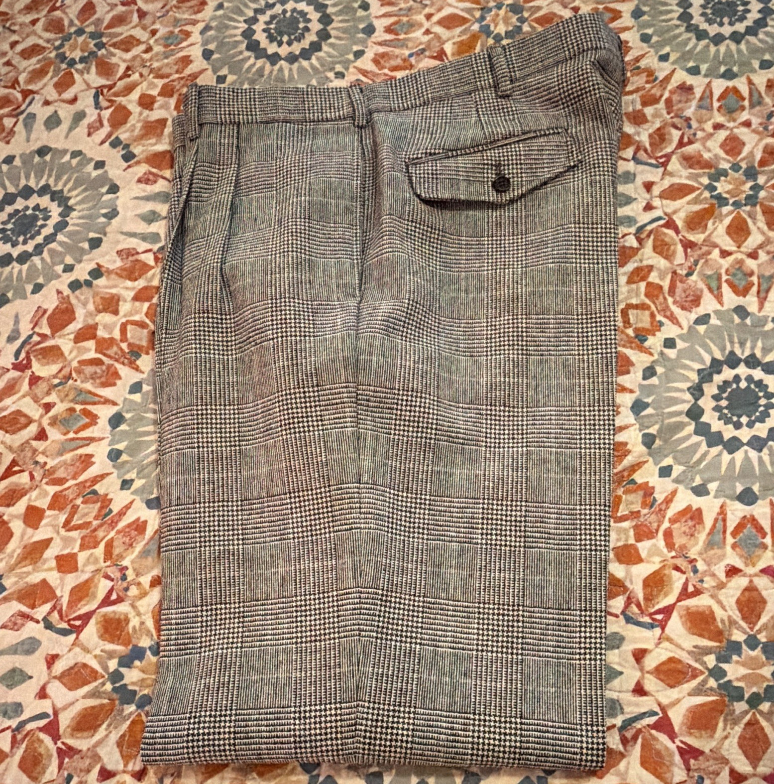 J. Peterman Men’s Black/White Plaid Tweed Wool Pleated Lined Pants 38