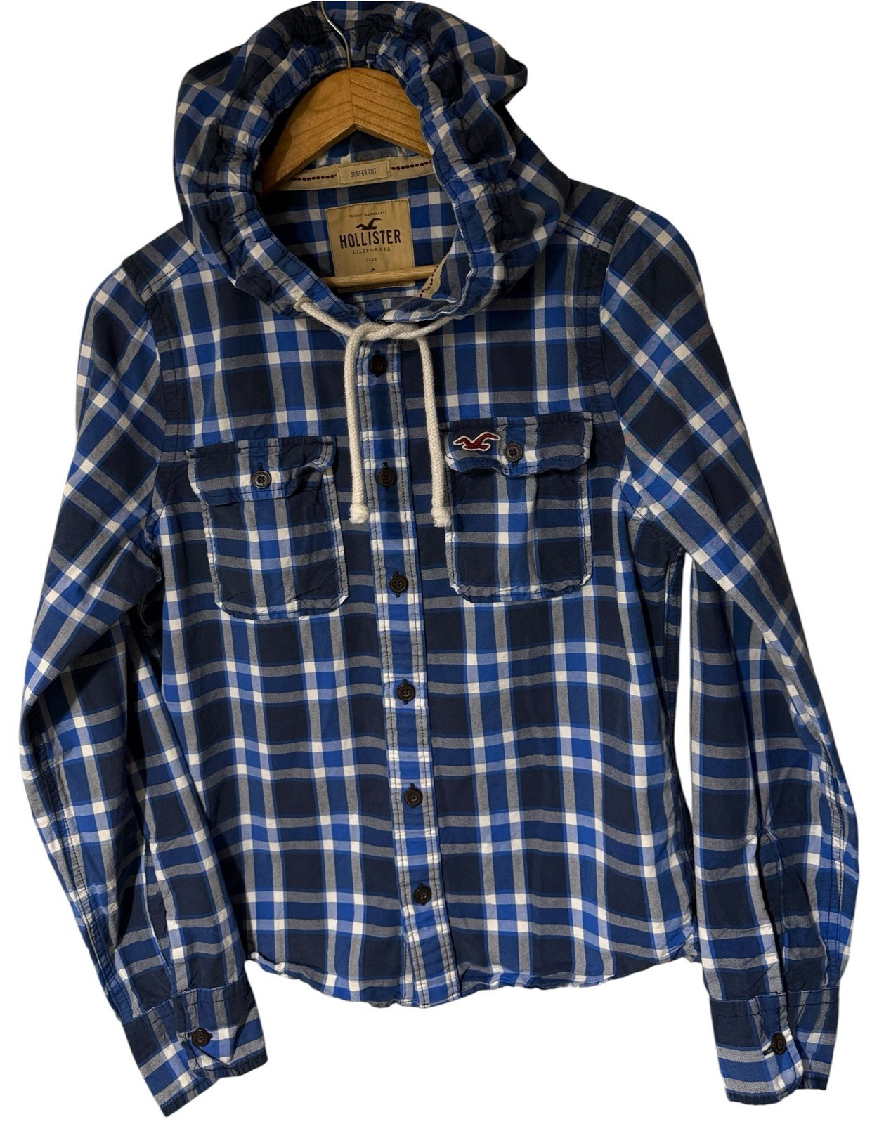 VTG Hollister Co Pacific Merchants Surf Cut Hooded Plaid Shirt Mens S NWOT Blue