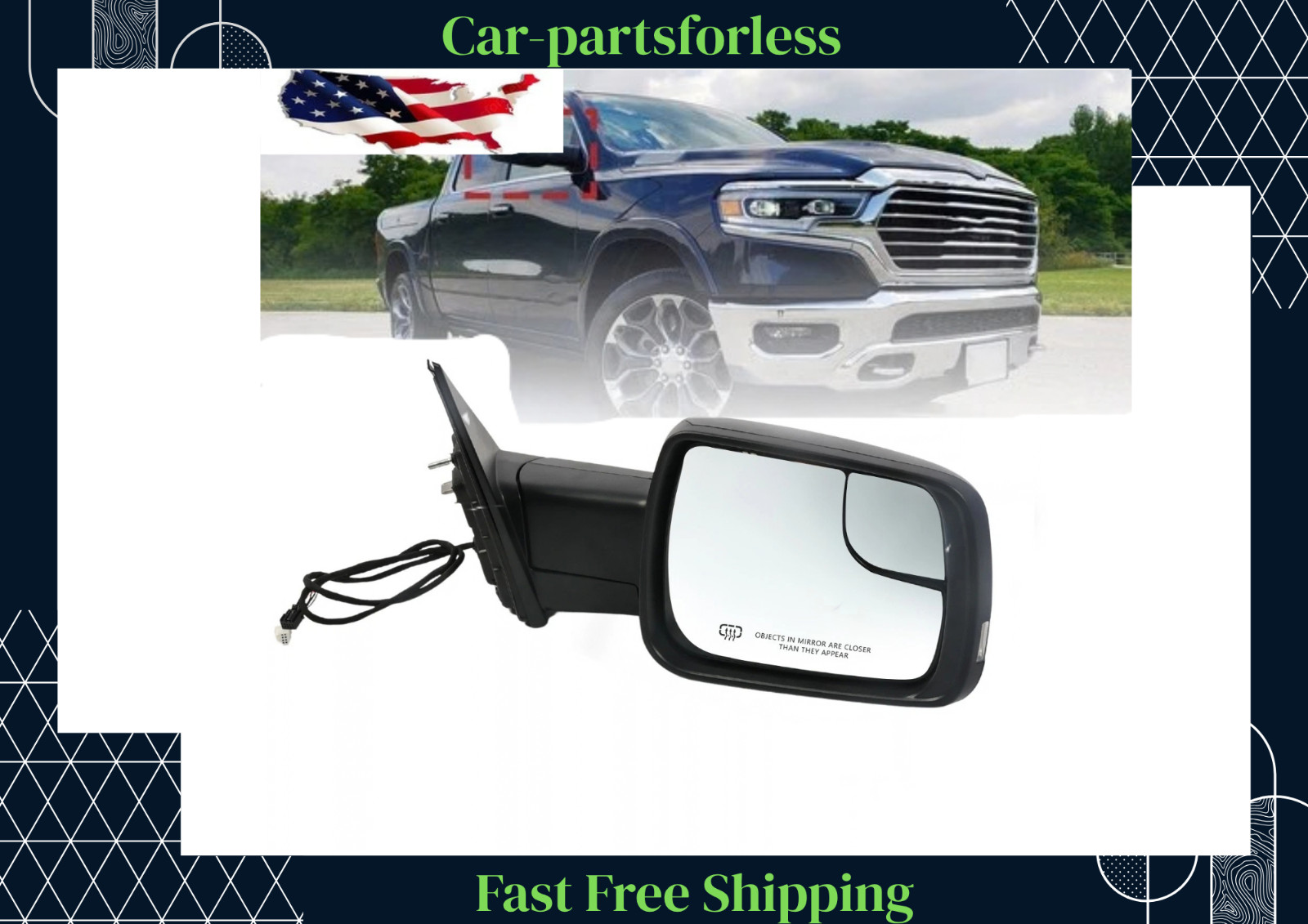 Right Heated Mirror For 2019-2024 Ram 1500 Power Fold 10 Pin Signal Light Blind