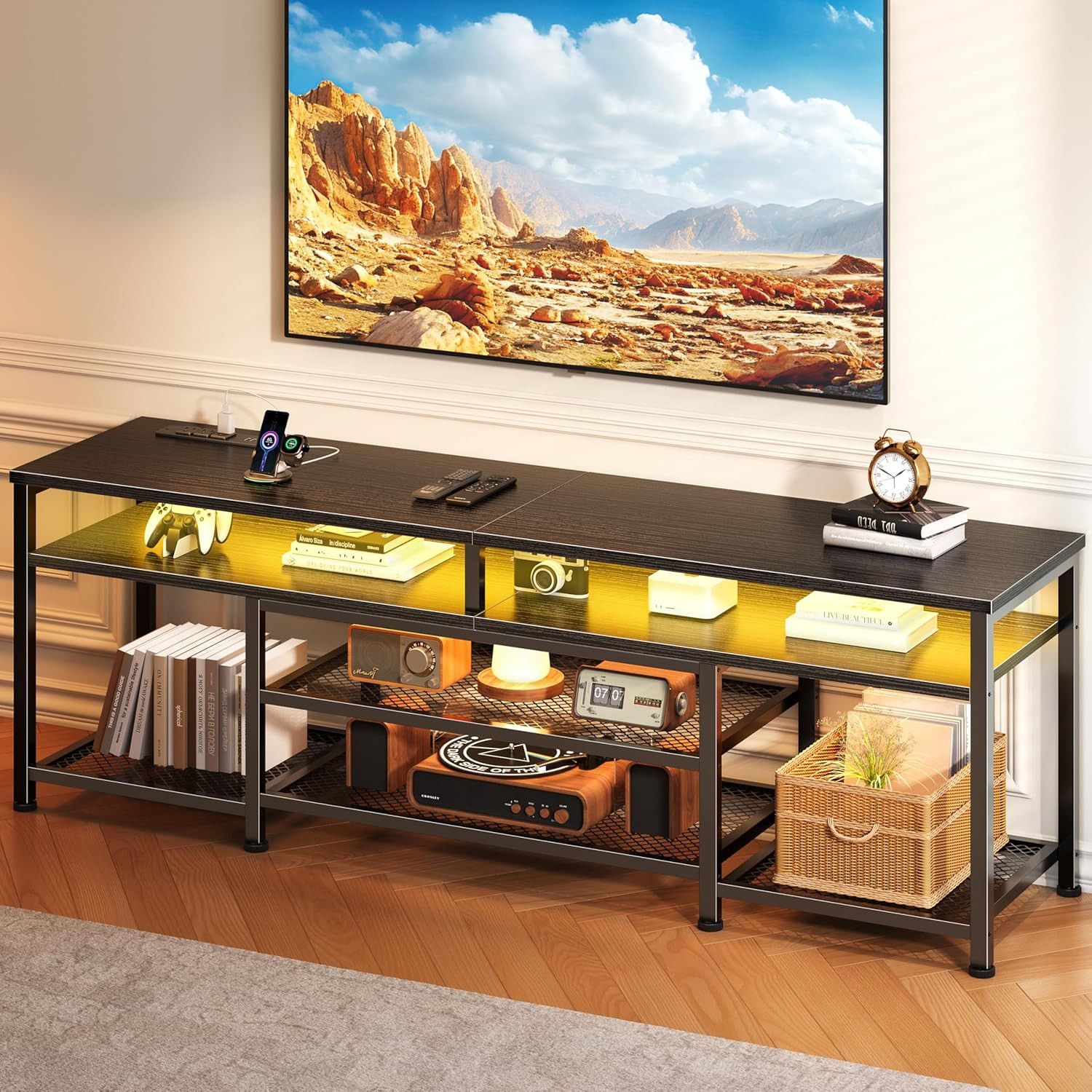Furologee TV Stand with Power Outlets and LED Lights, 63 Inch Entertainment Cent Furologee TV Stand with Power Outlets and LED Lights, 63 Inch Entertainment Cent