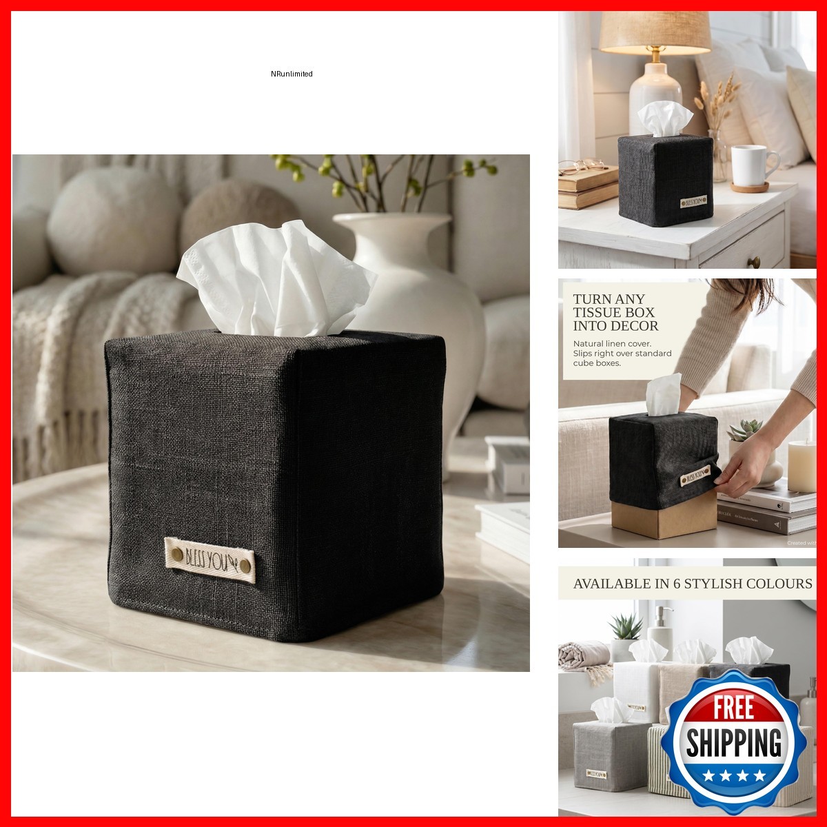 KIBAGA Tissue Box Cover - Black Linen Holder for Square Tissue Boxes