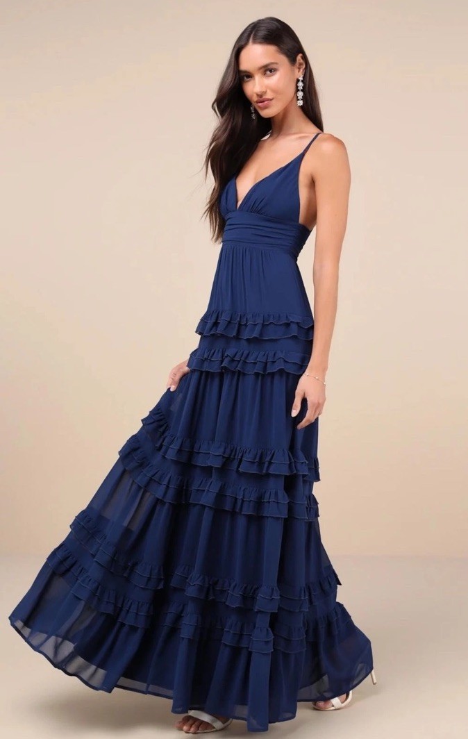 Lulus Dress Womens Small Navy Lavish Perfection Ruffled Tiered Maxi V Neck Gown Lulus Dress Womens Small Navy Lavish Perfection Ruffled Tiered Maxi V Neck Gown