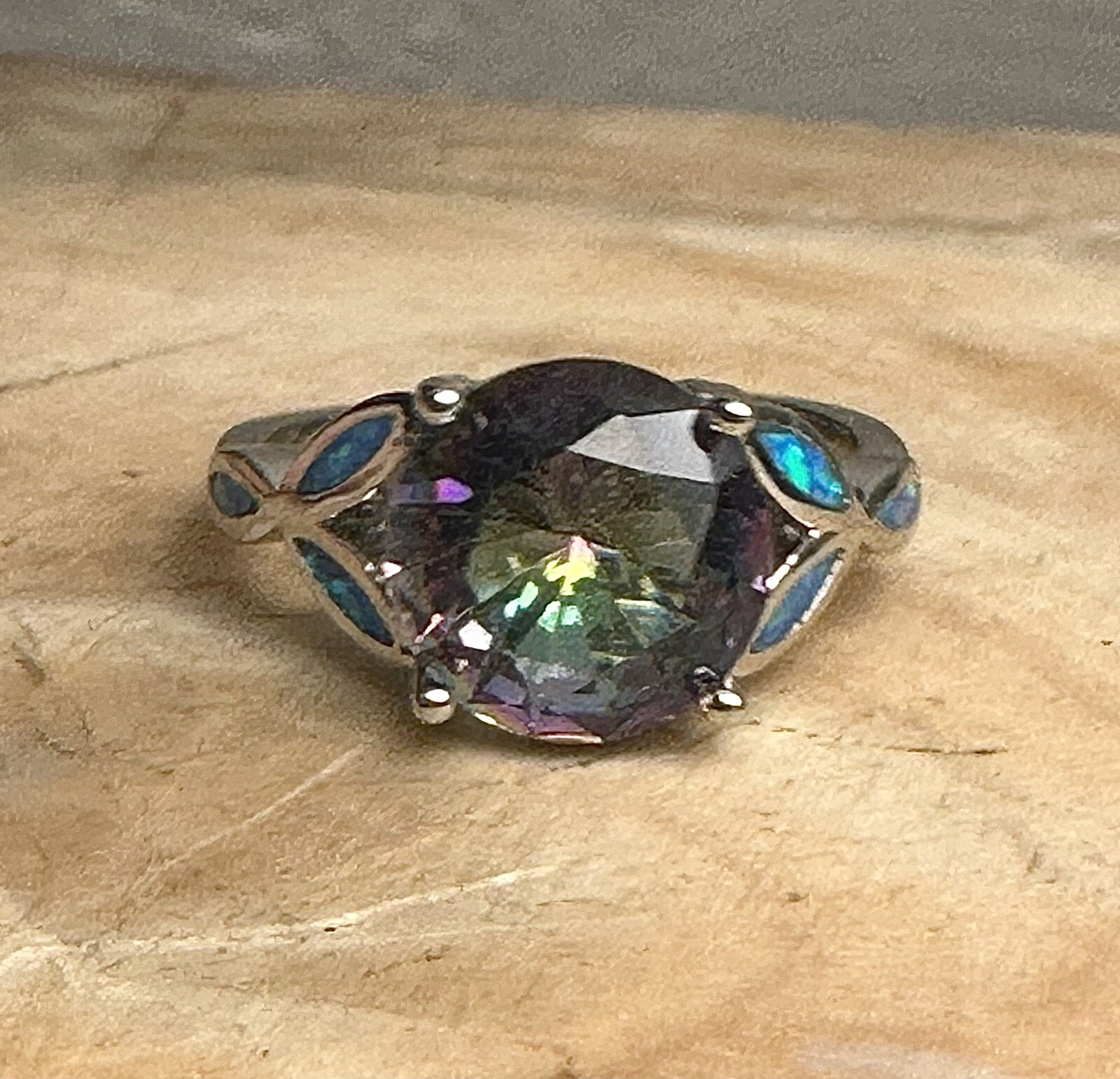 Gorgeous Mystic Topaz Blue Fire Opal Silver Filled Lab Created Ring Size 6.75