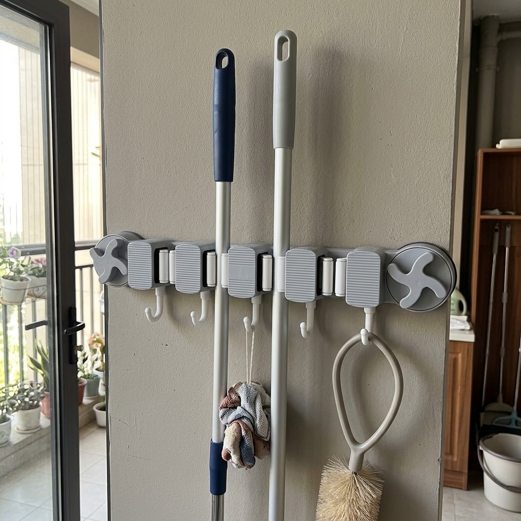 Suction Wall Mop Broom Holder, 4 Clips 5 Hooks Tool Storage Organizer Suction Wall Mop Broom Holder, 4 Clips 5 Hooks Tool Storage Organizer